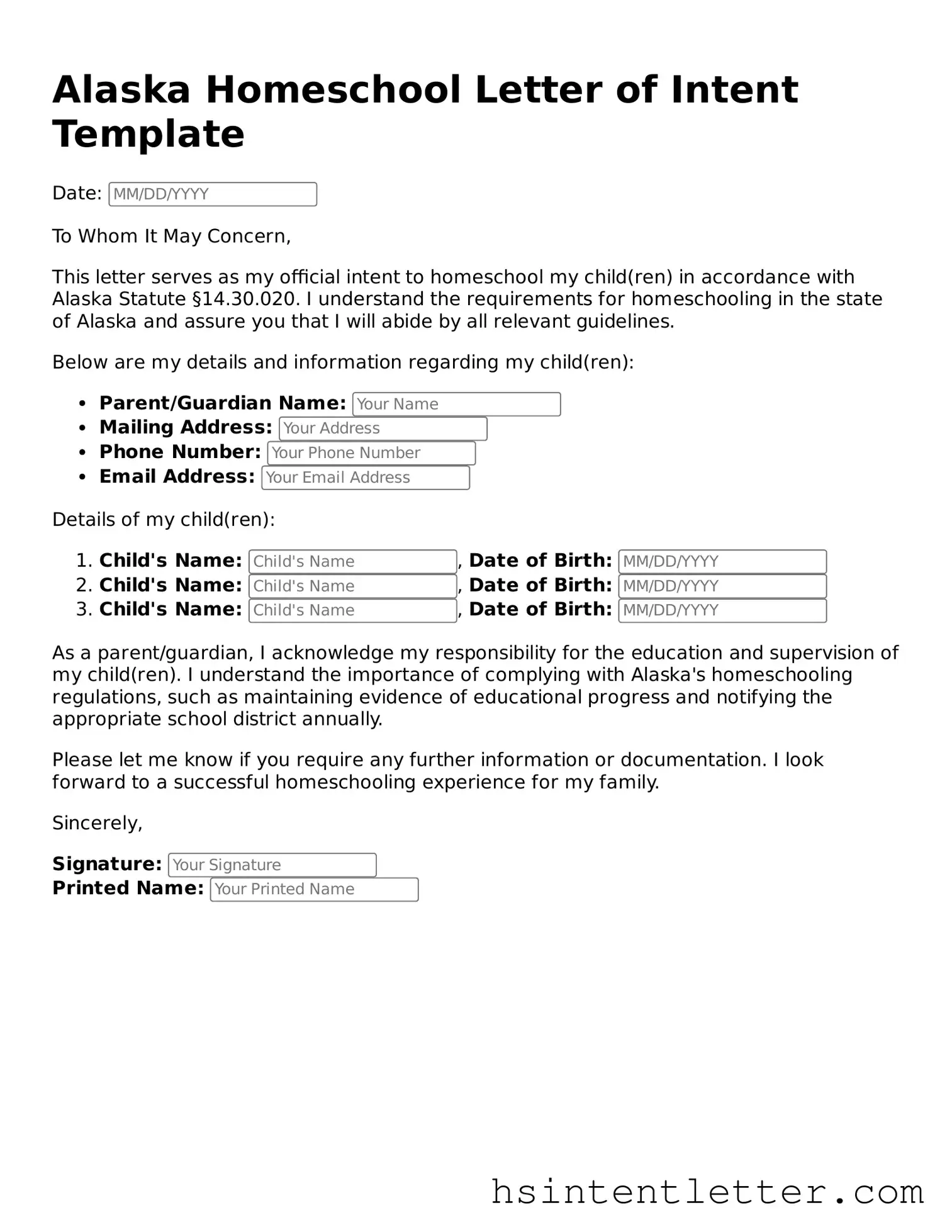 Attorney-Approved Alaska Homeschool Letter of Intent Form