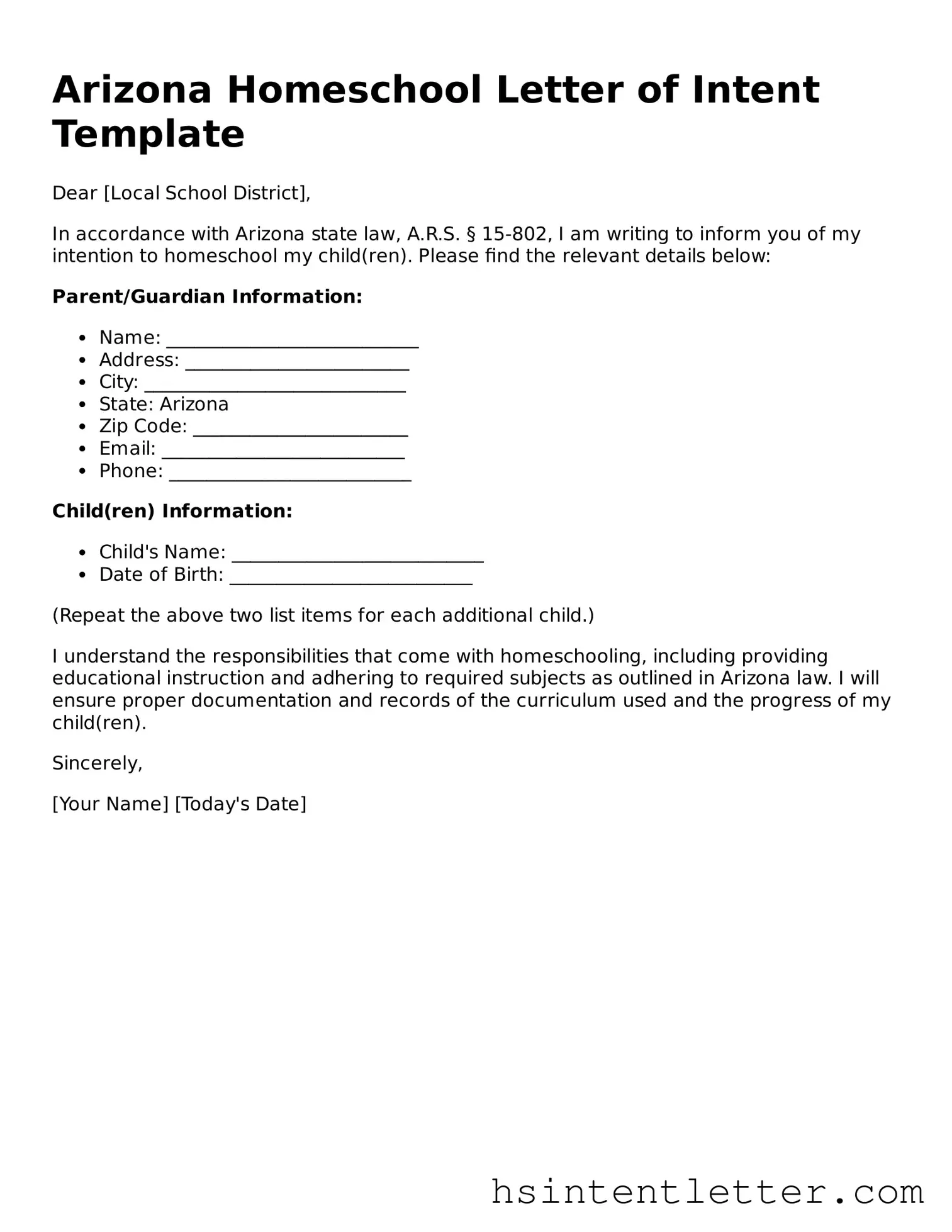 Attorney-Approved Arizona Homeschool Letter of Intent Form