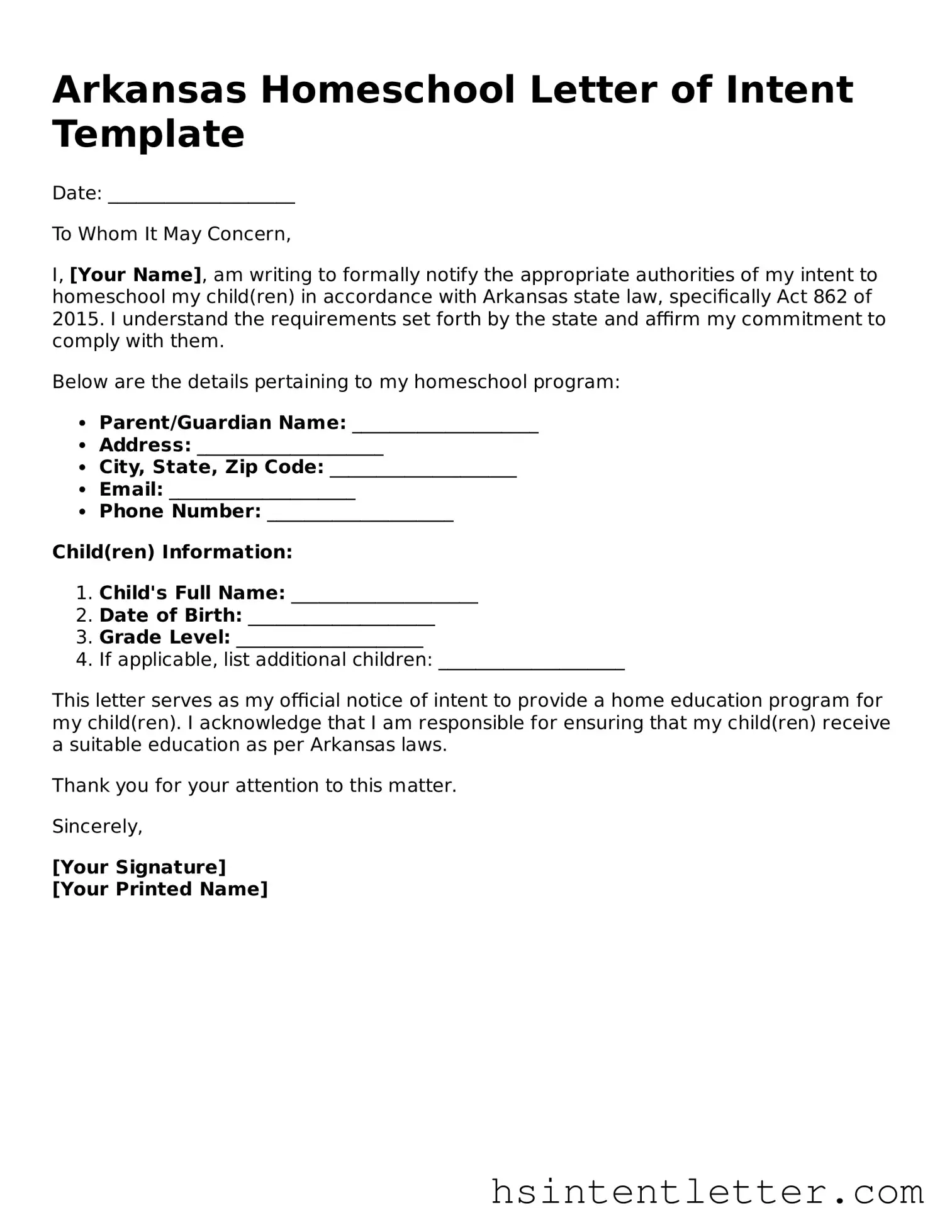 Attorney-Approved Arkansas Homeschool Letter of Intent Form