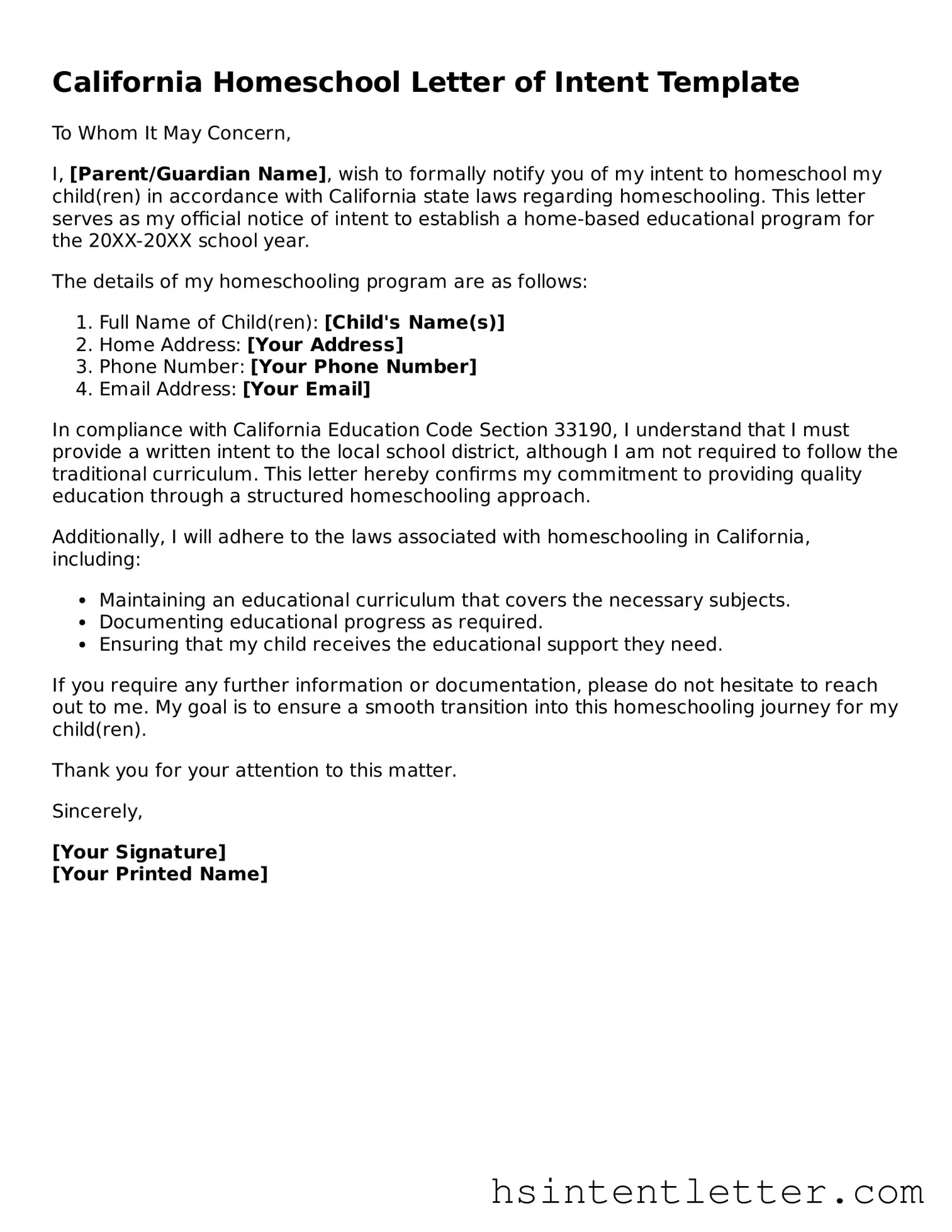Attorney-Approved California Homeschool Letter of Intent Form
