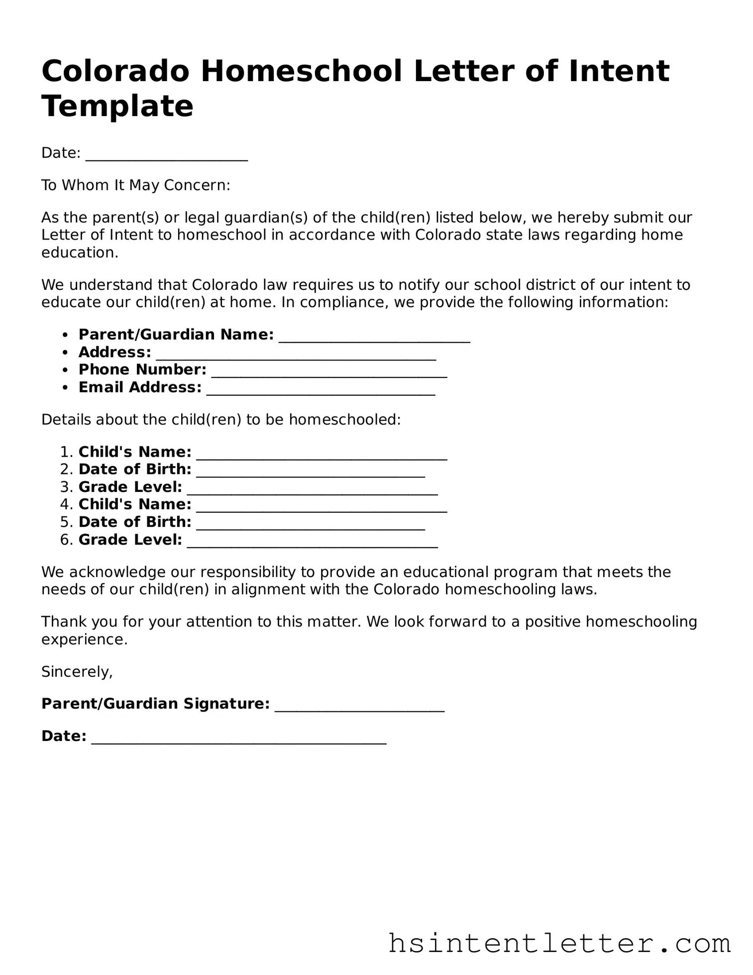 Attorney-Approved Colorado Homeschool Letter of Intent Form