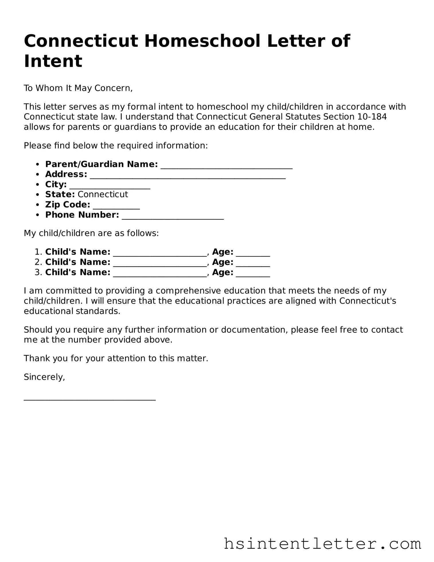 Attorney-Approved Connecticut Homeschool Letter of Intent Form