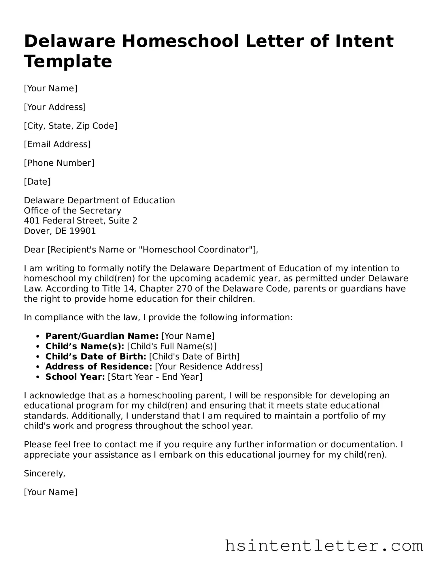 Attorney-Approved Delaware Homeschool Letter of Intent Form