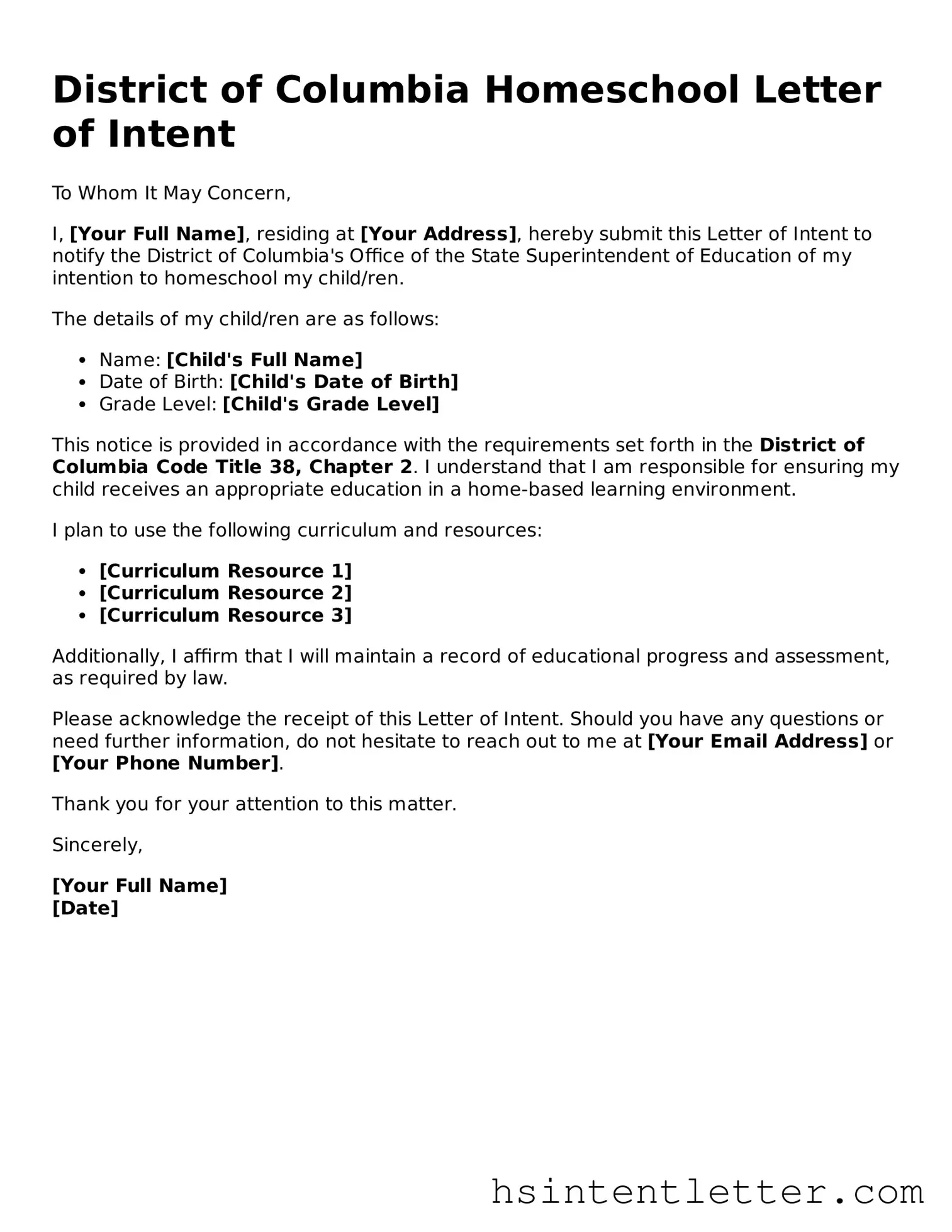 Attorney-Approved District of Columbia Homeschool Letter of Intent Form