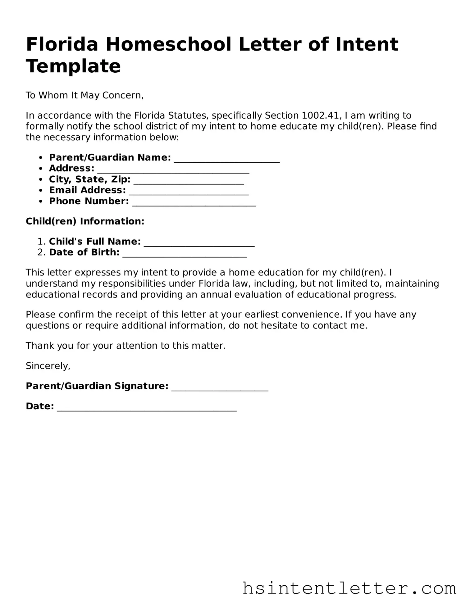 Attorney-Approved Florida Homeschool Letter of Intent Form