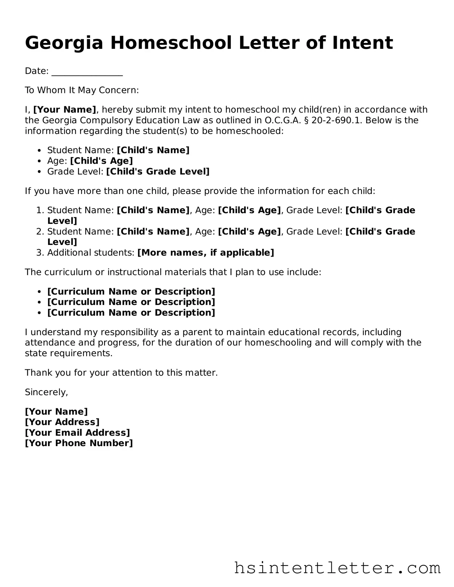 Attorney-Approved Georgia Homeschool Letter of Intent Form