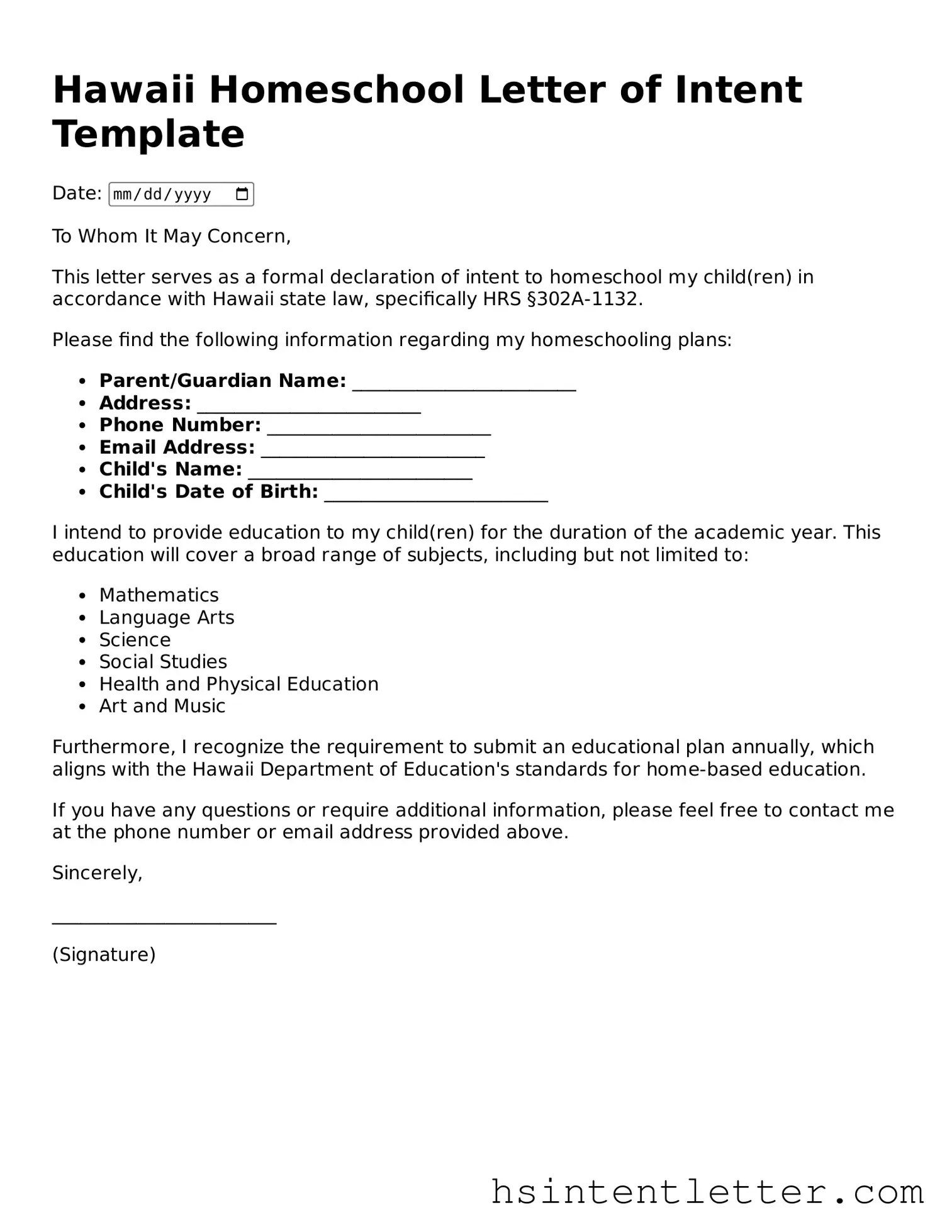 Attorney-Approved Hawaii Homeschool Letter of Intent Form