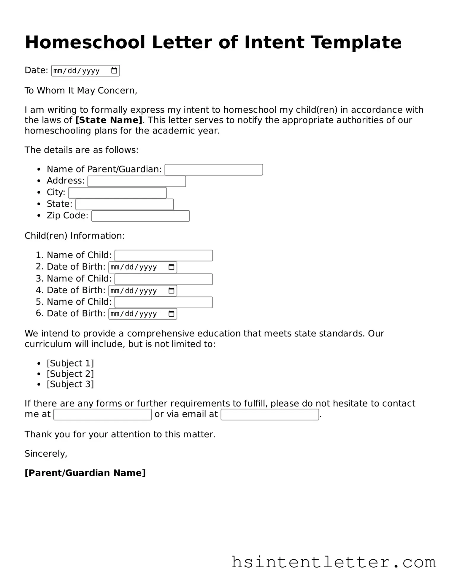 Free Homeschool Letter of Intent Template