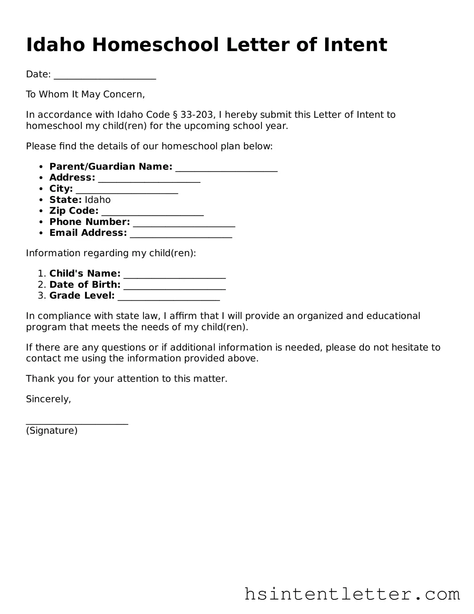 Attorney-Approved Idaho Homeschool Letter of Intent Form