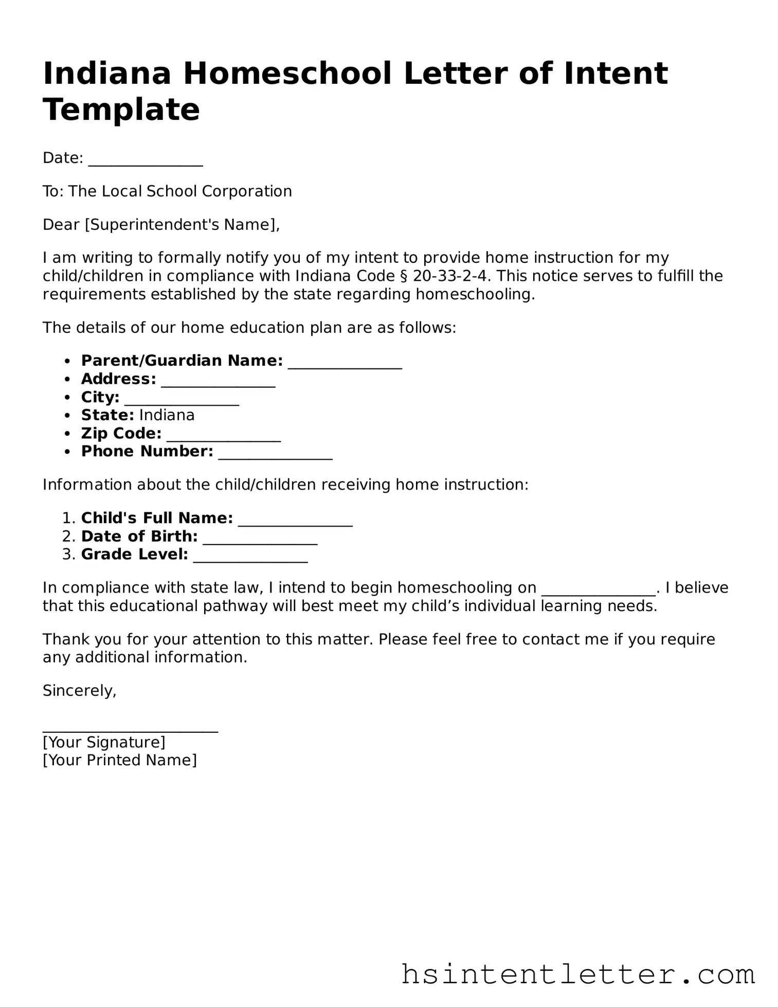 Attorney-Approved Indiana Homeschool Letter of Intent Form