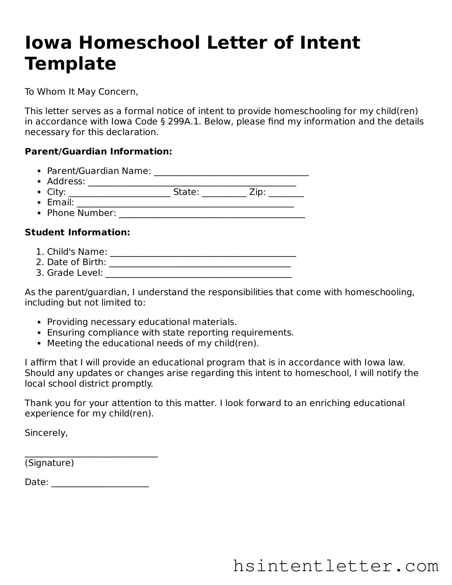 Attorney-Approved Iowa Homeschool Letter of Intent Form
