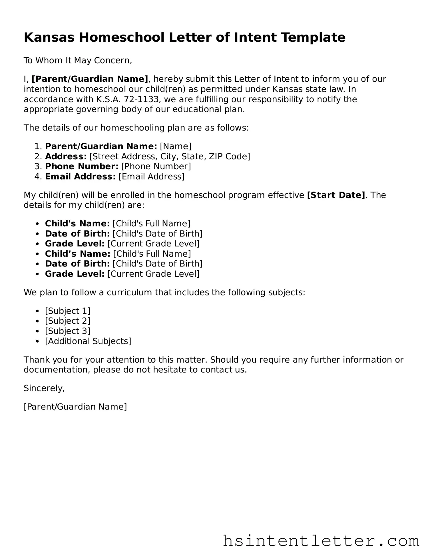 Attorney-Approved Kansas Homeschool Letter of Intent Form