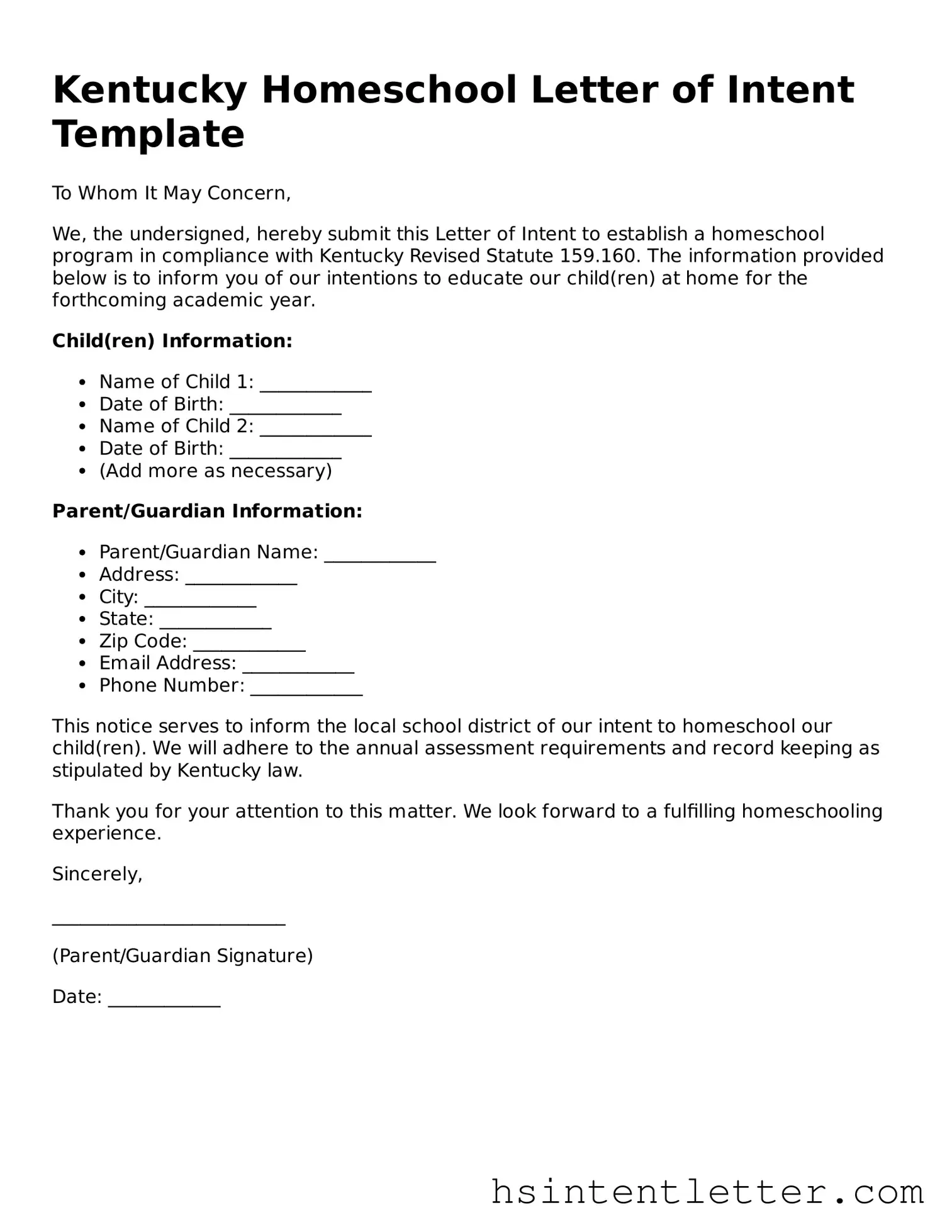 Attorney-Approved Kentucky Homeschool Letter of Intent Form