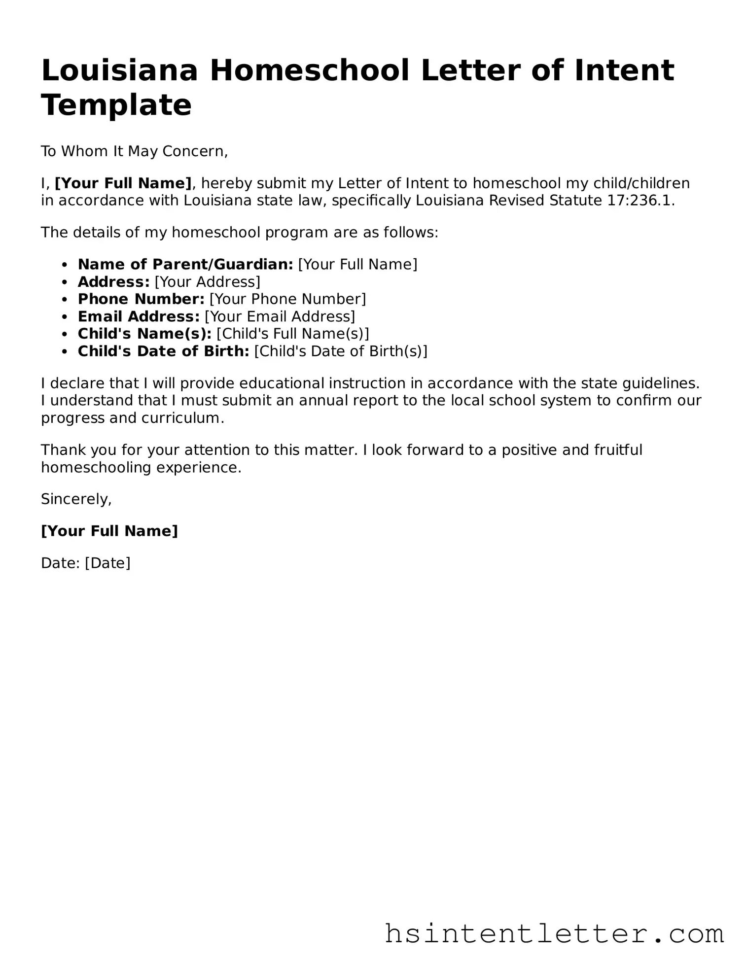 Attorney-Approved Louisiana Homeschool Letter of Intent Form