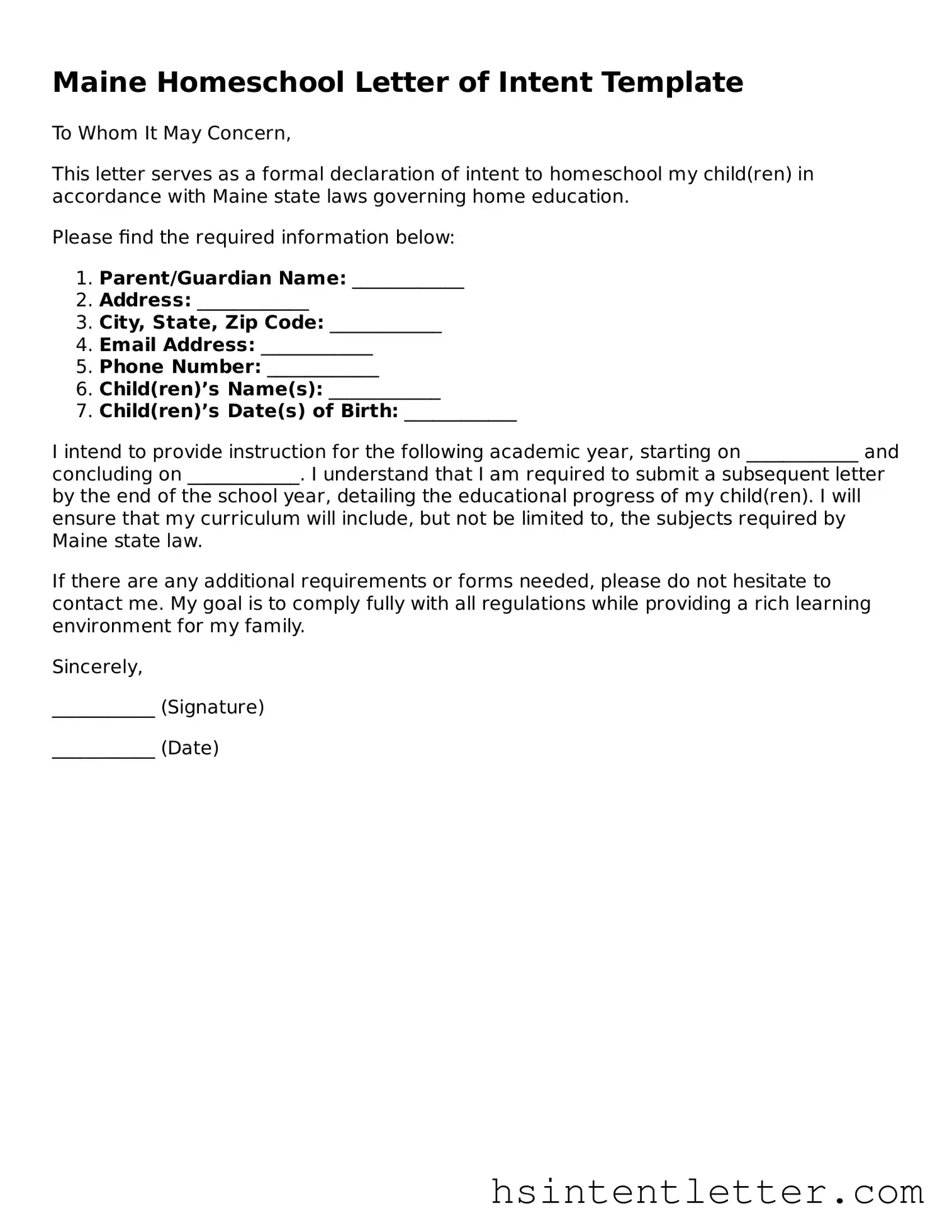 Attorney-Approved Maine Homeschool Letter of Intent Form