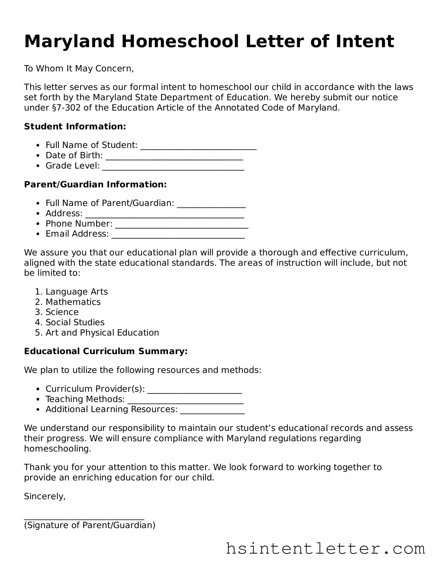 Attorney-Approved Maryland Homeschool Letter of Intent Form