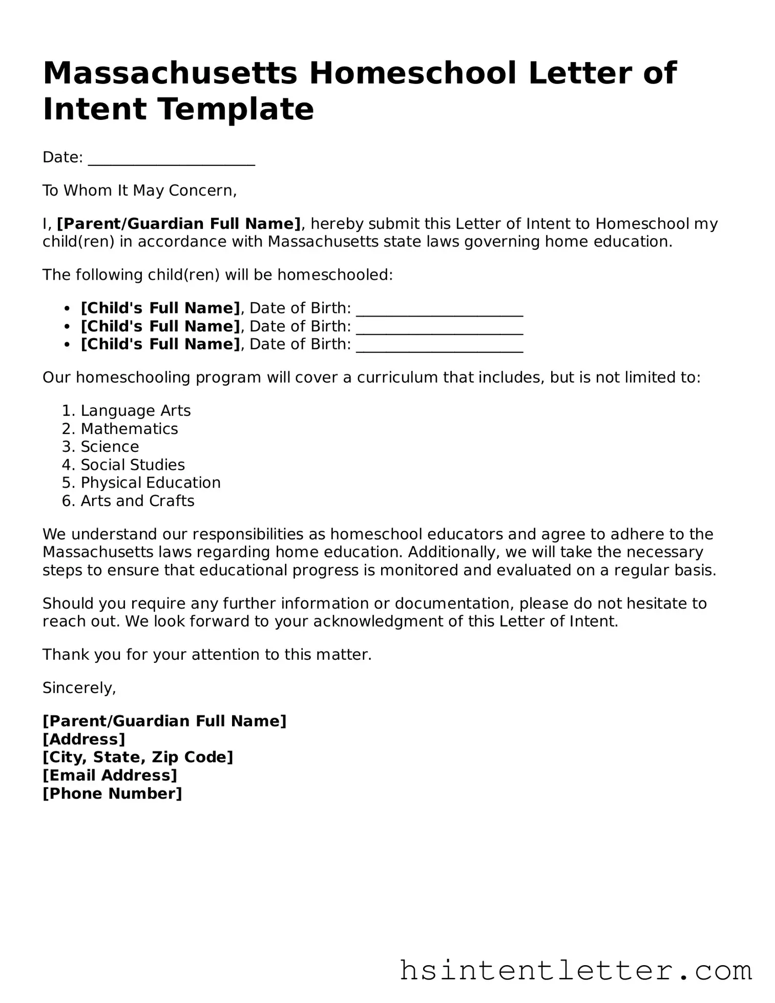 Attorney-Approved Massachusetts Homeschool Letter of Intent Form