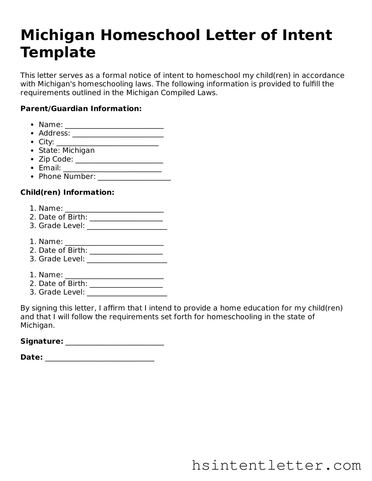 Attorney-Approved Michigan Homeschool Letter of Intent Form