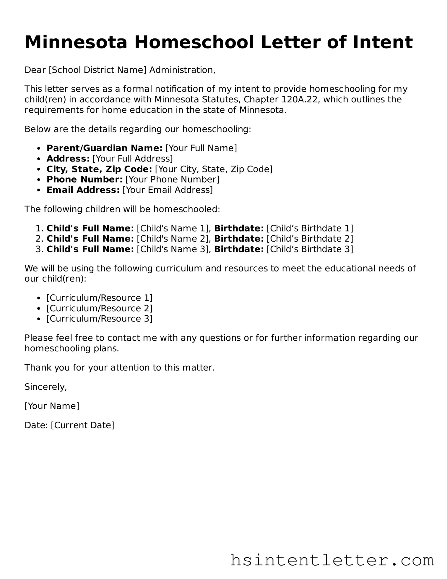 Attorney-Approved Minnesota Homeschool Letter of Intent Form