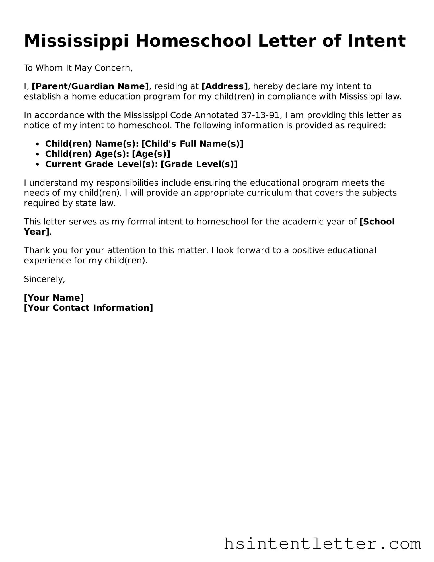 Attorney-Approved Mississippi Homeschool Letter of Intent Form