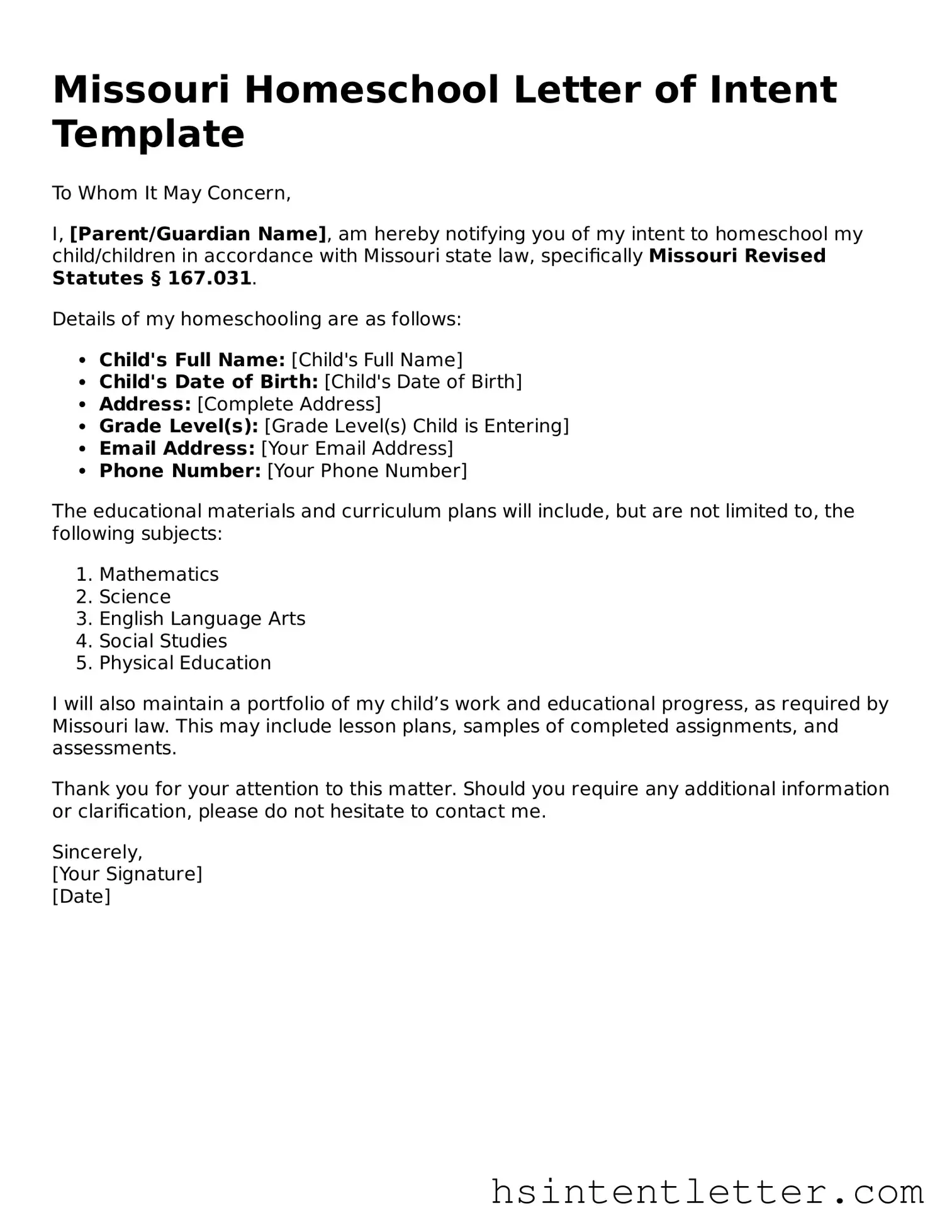 Attorney-Approved Missouri Homeschool Letter of Intent Form