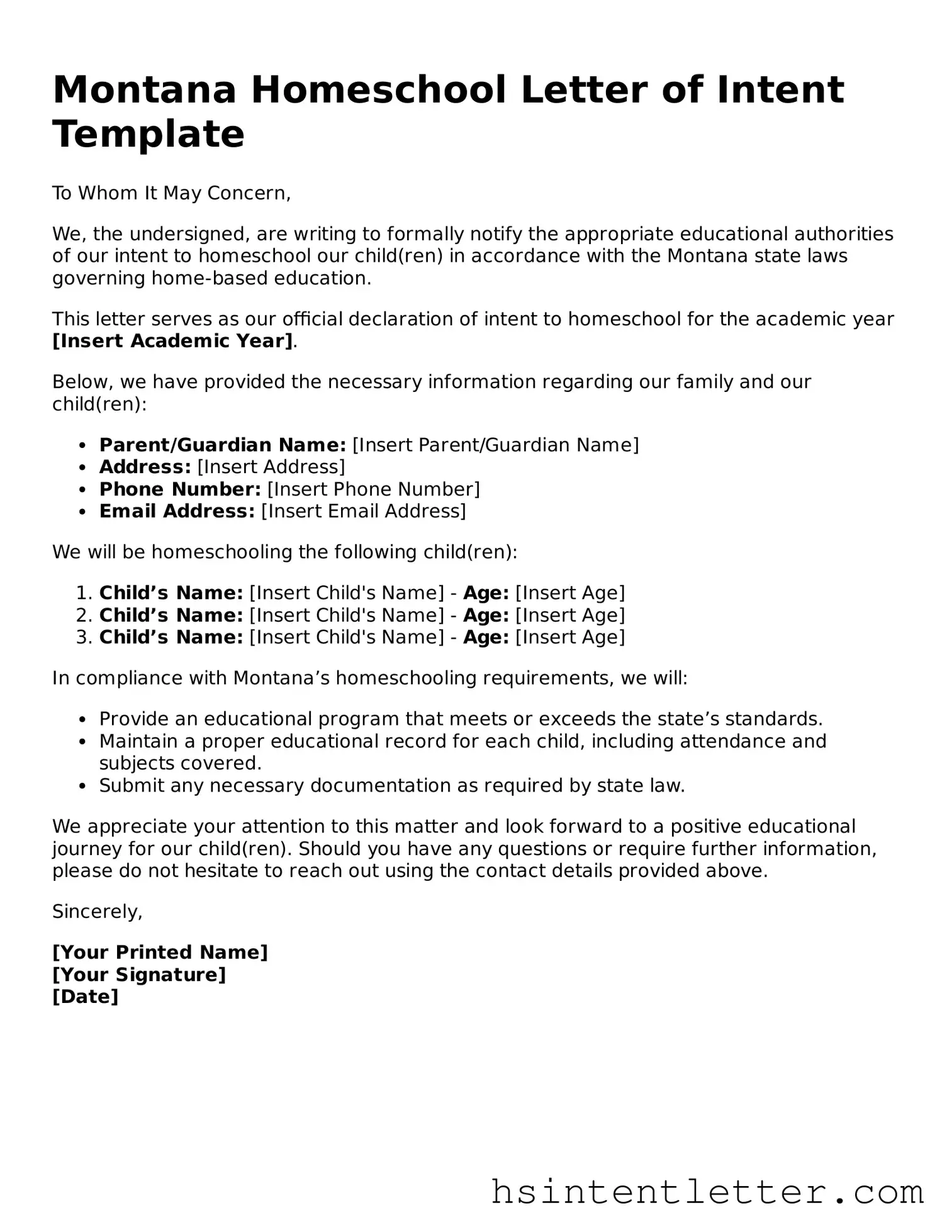 Attorney-Approved Montana Homeschool Letter of Intent Form