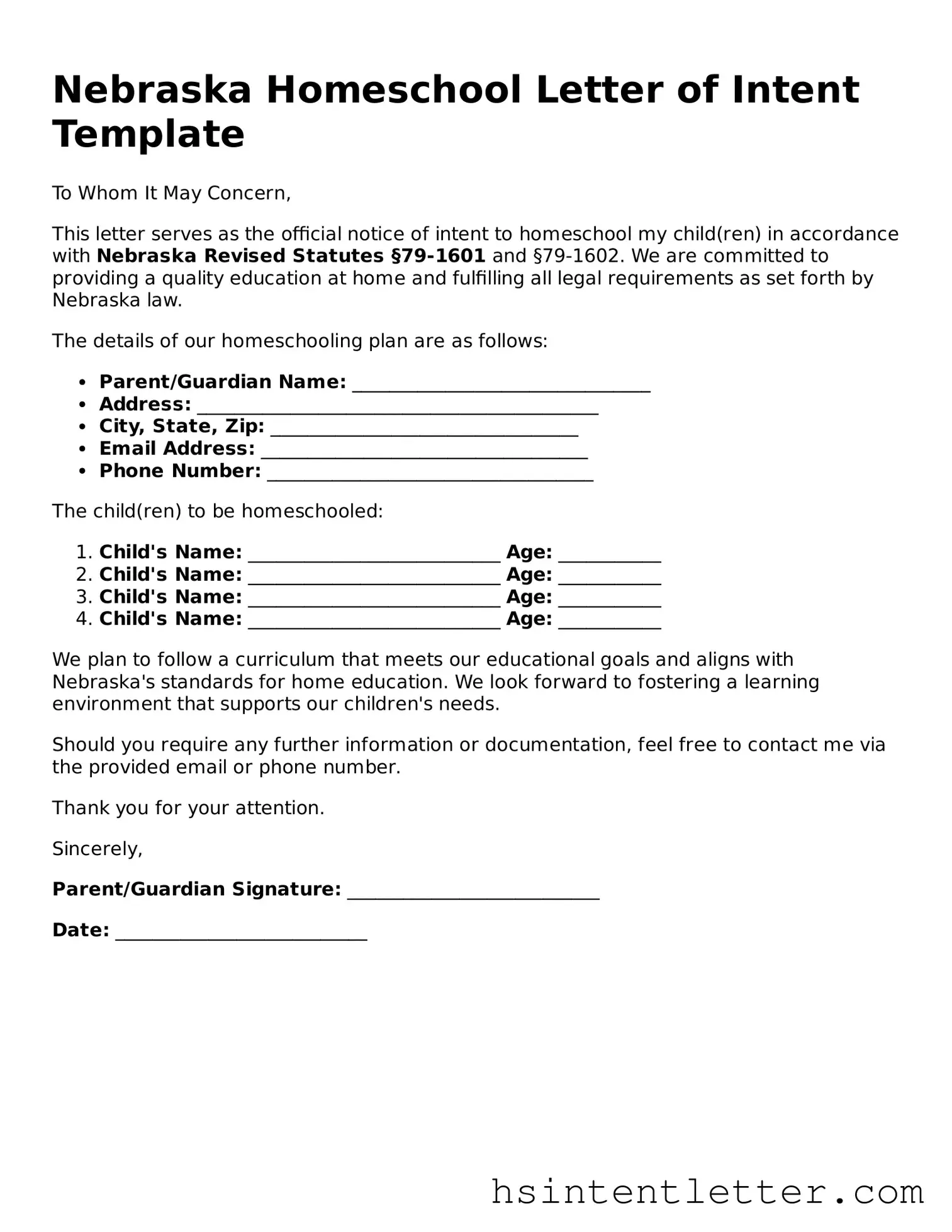 Attorney-Approved Nebraska Homeschool Letter of Intent Form