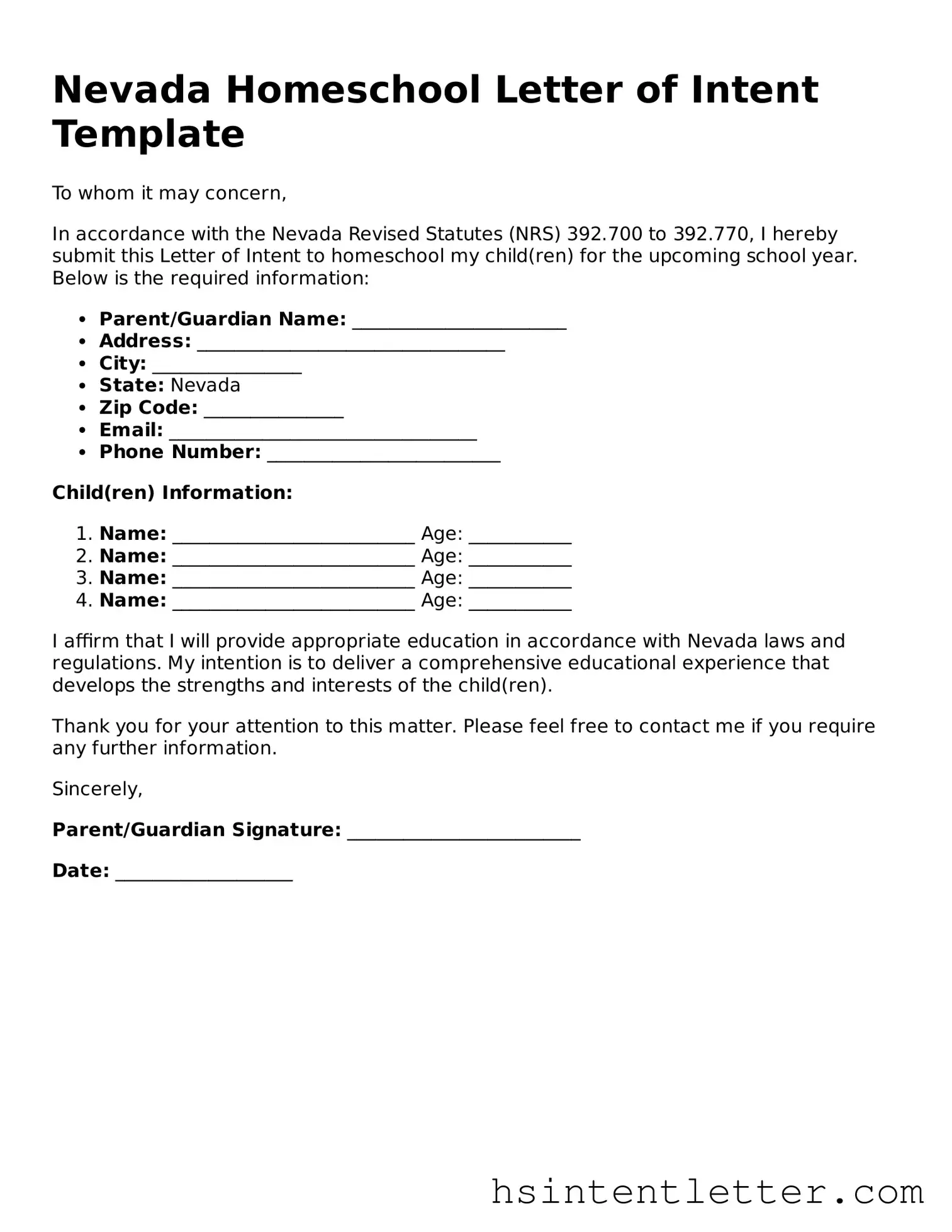 Attorney-Approved Nevada Homeschool Letter of Intent Form