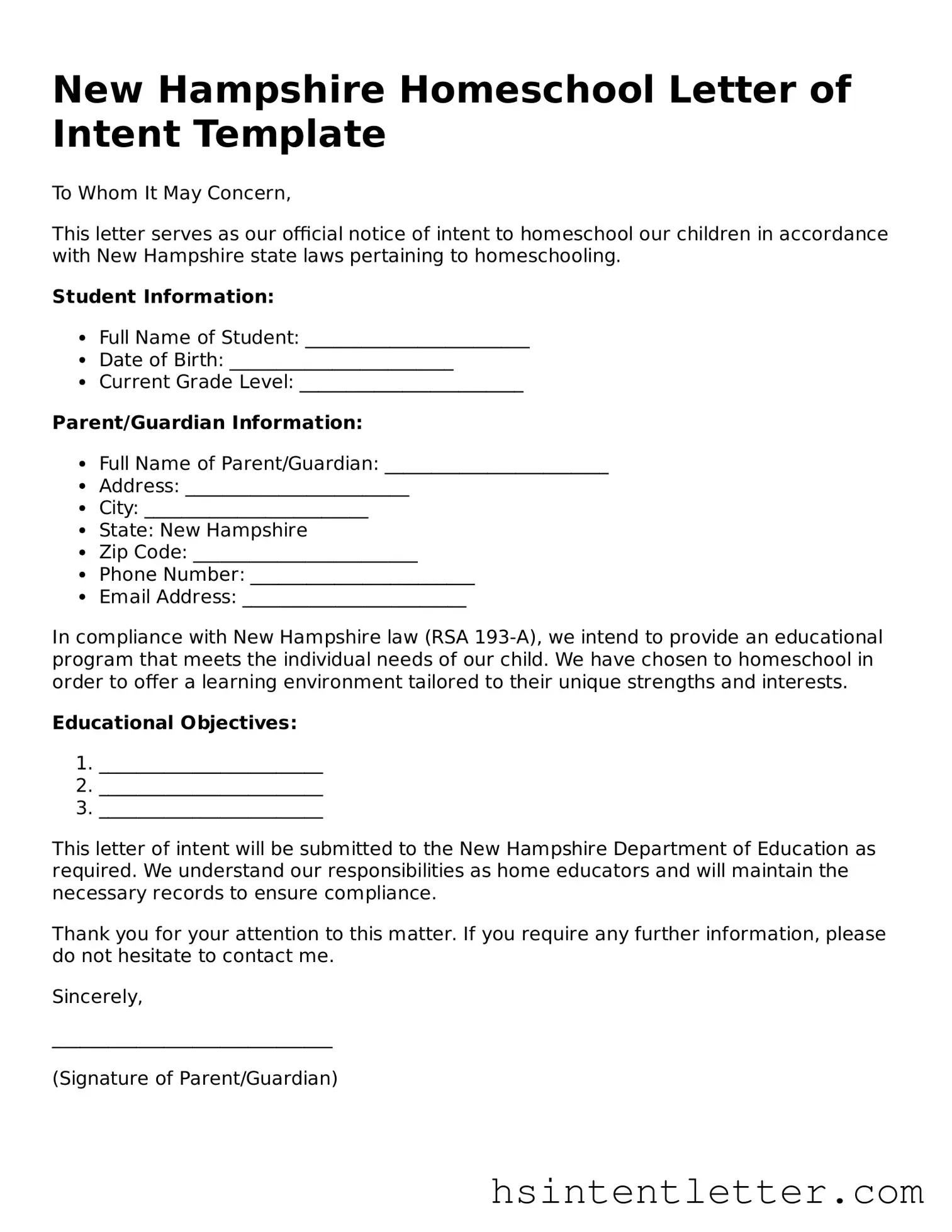 Attorney-Approved New Hampshire Homeschool Letter of Intent Form