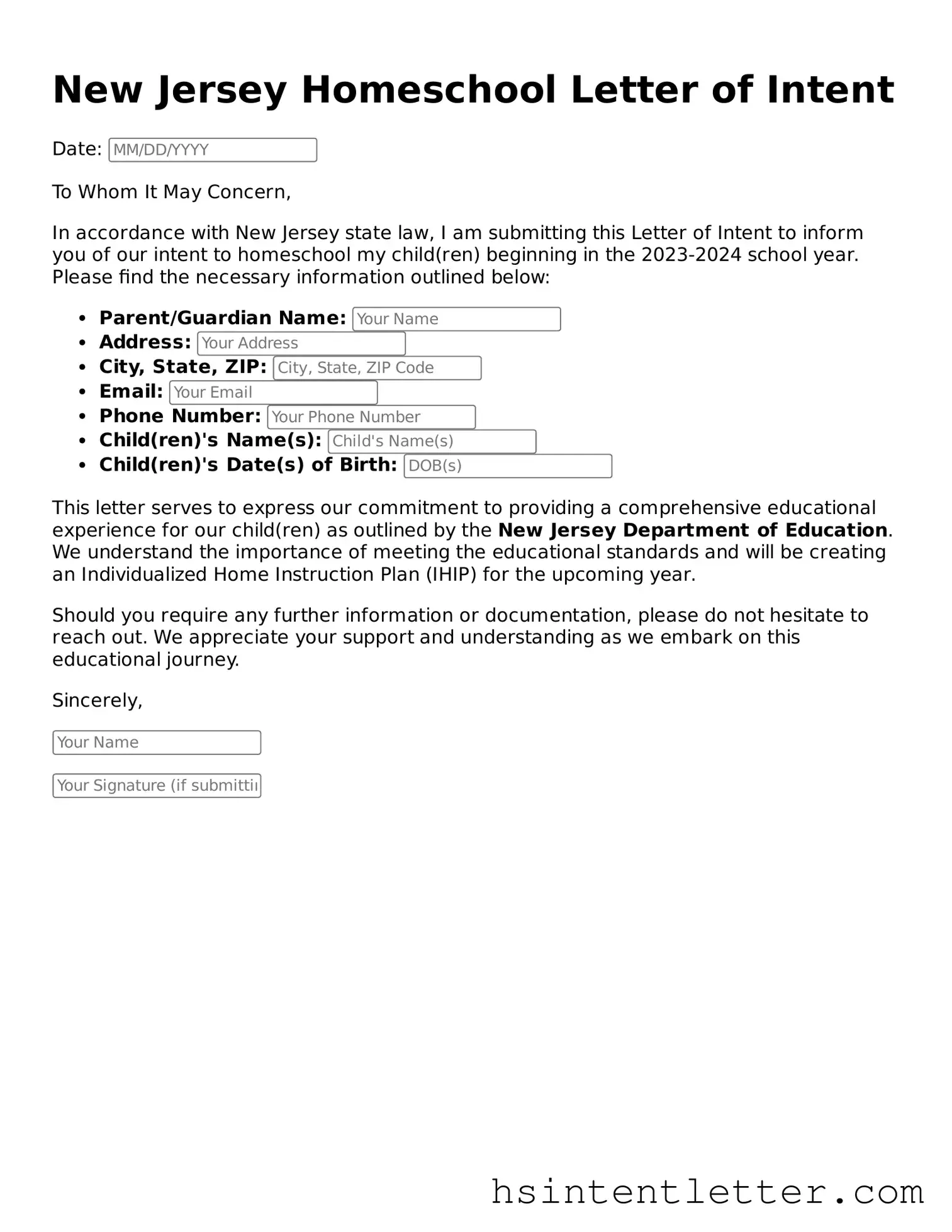 Attorney-Approved New Jersey Homeschool Letter of Intent Form