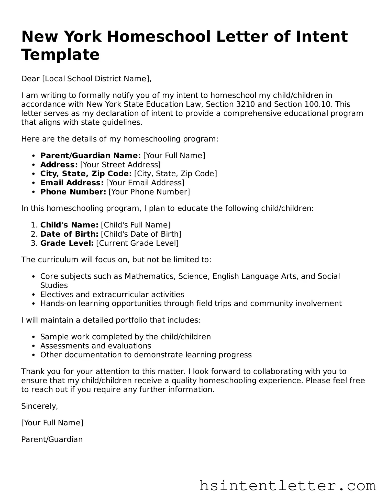 Attorney-Approved New York Homeschool Letter of Intent Form