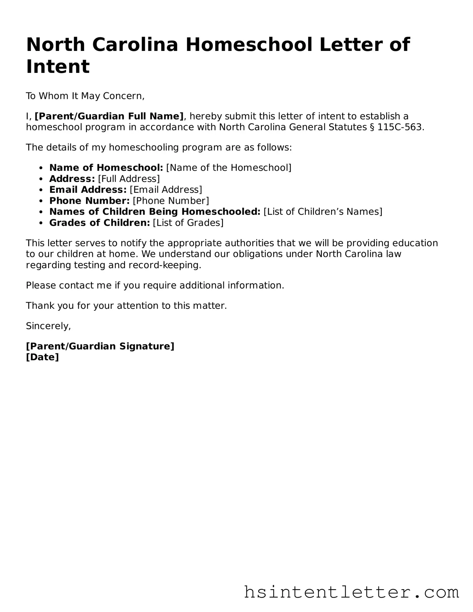 Attorney-Approved North Carolina Homeschool Letter of Intent Form