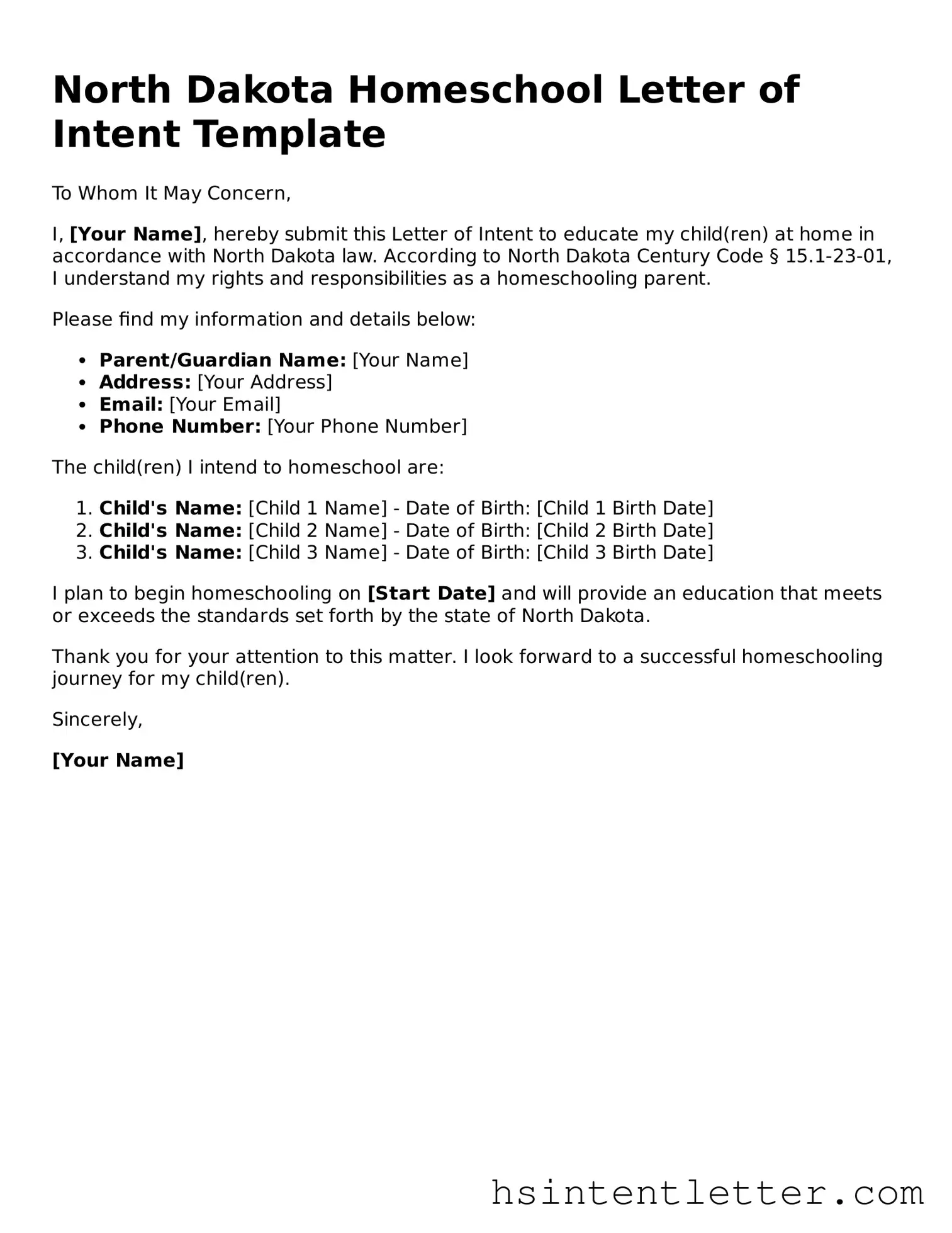 Attorney-Approved North Dakota Homeschool Letter of Intent Form
