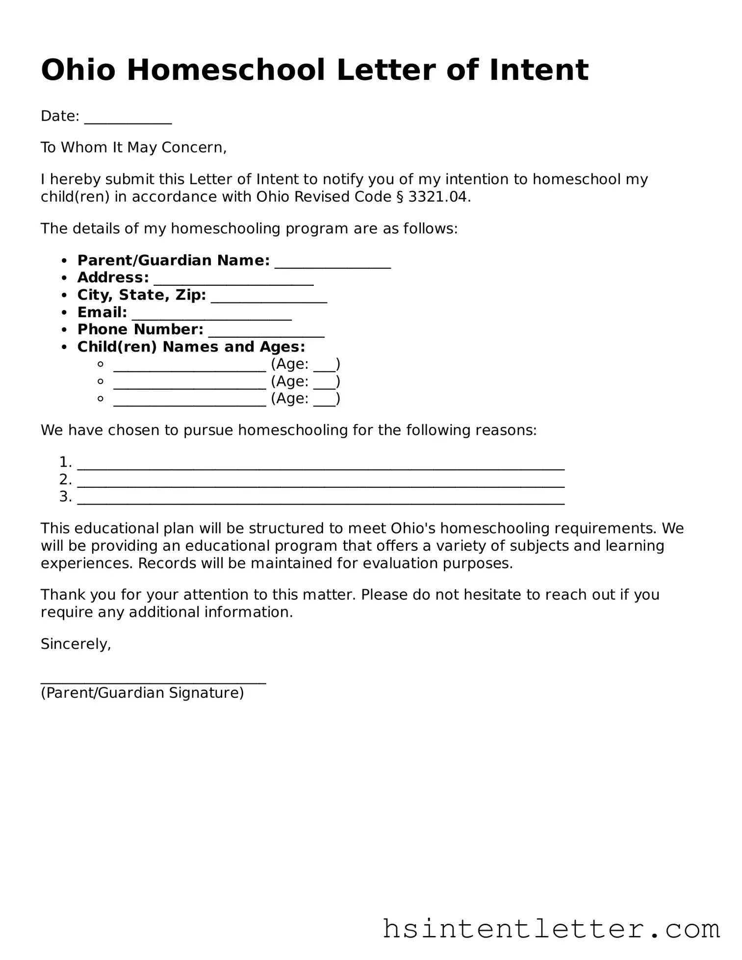 Attorney-Approved Ohio Homeschool Letter of Intent Form