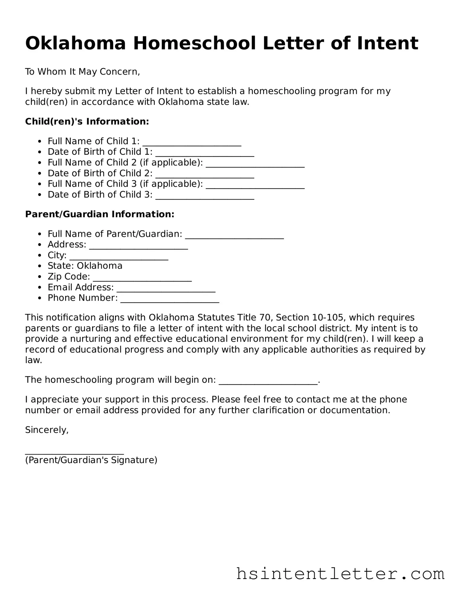 Attorney-Approved Oklahoma Homeschool Letter of Intent Form