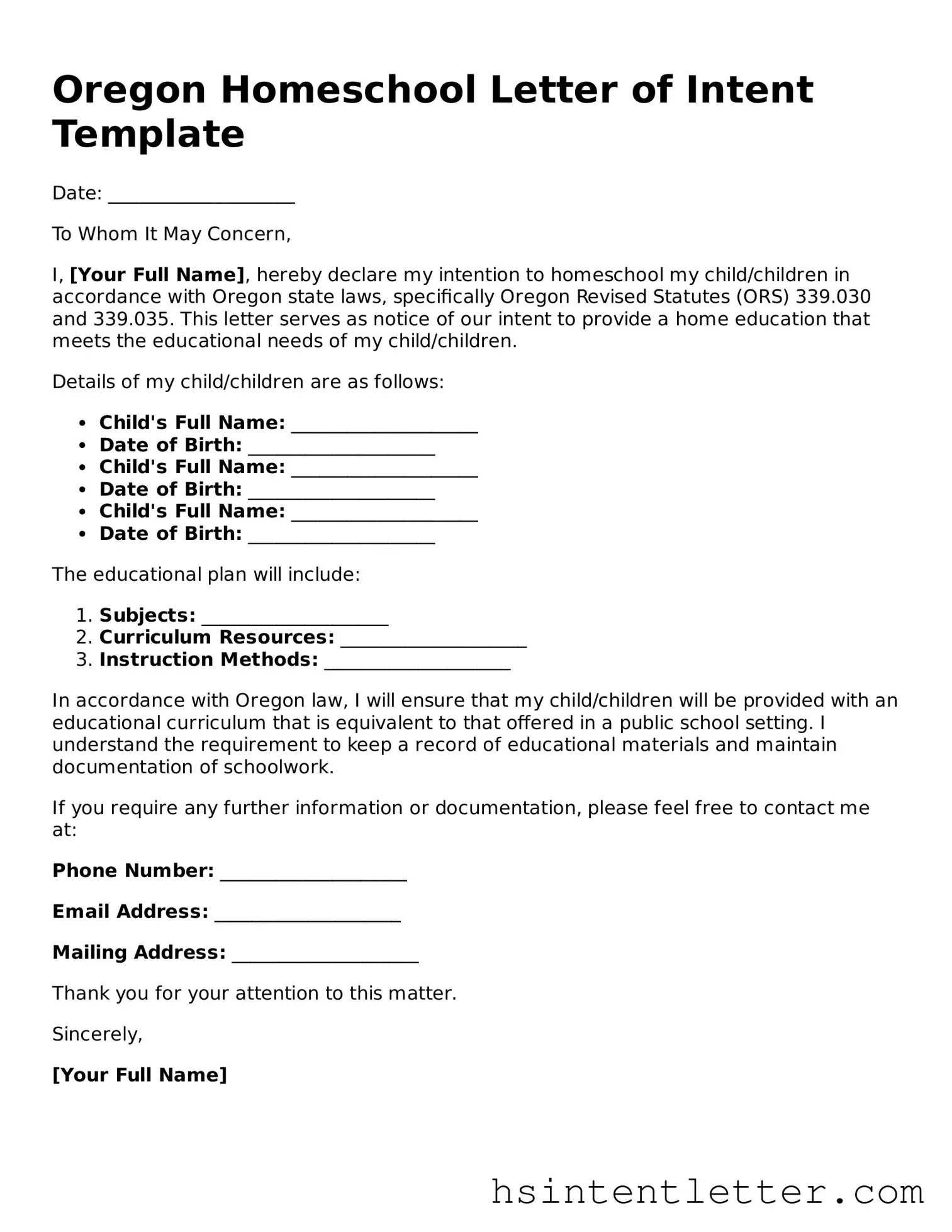 Attorney-Approved Oregon Homeschool Letter of Intent Form