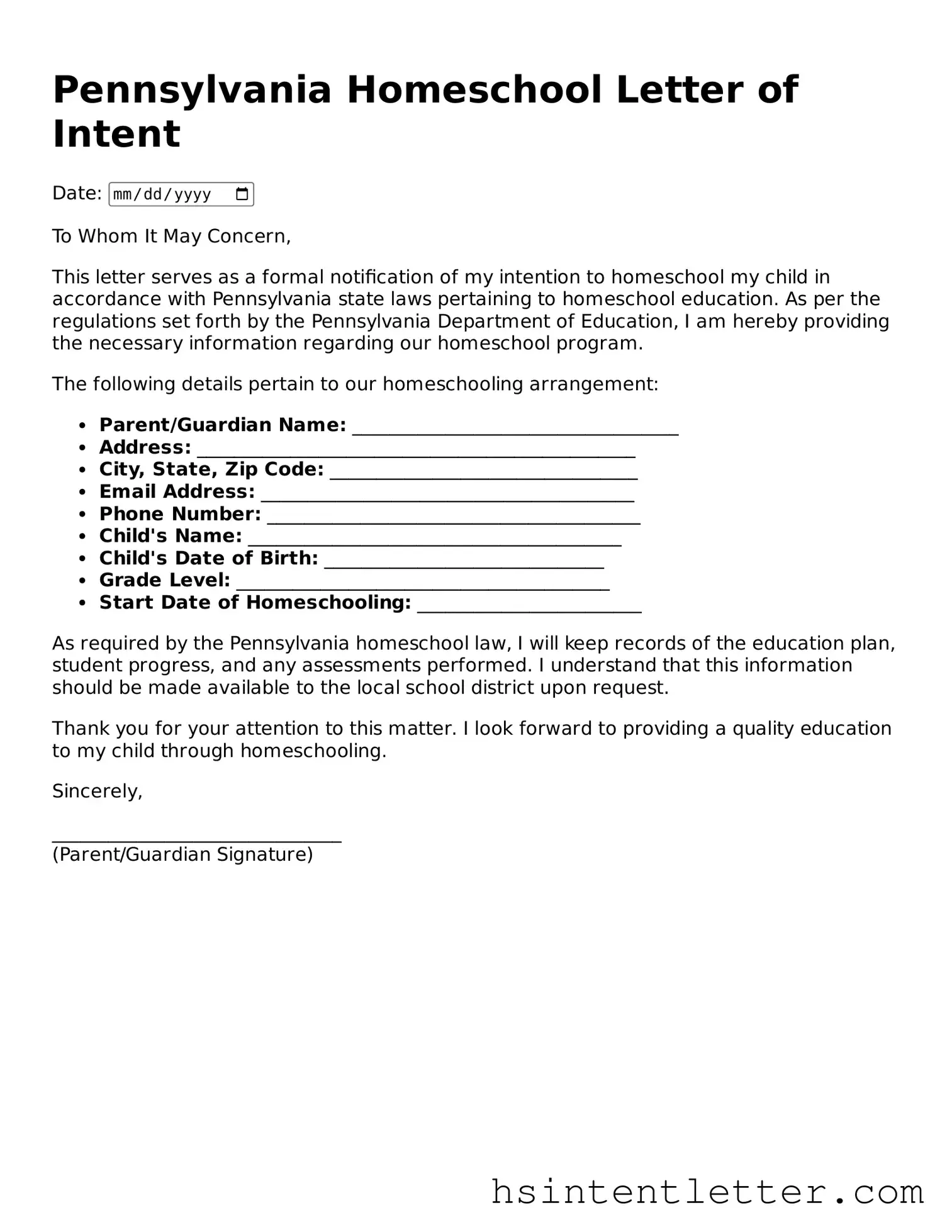 Attorney-Approved Pennsylvania Homeschool Letter of Intent Form