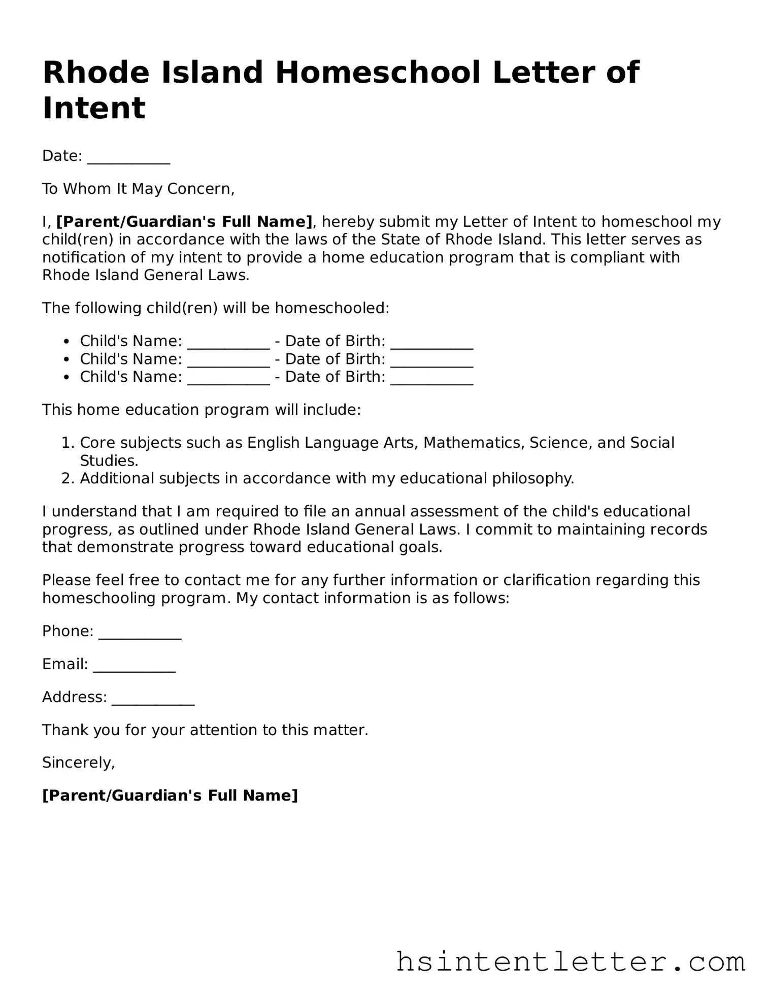 Attorney-Approved Rhode Island Homeschool Letter of Intent Form