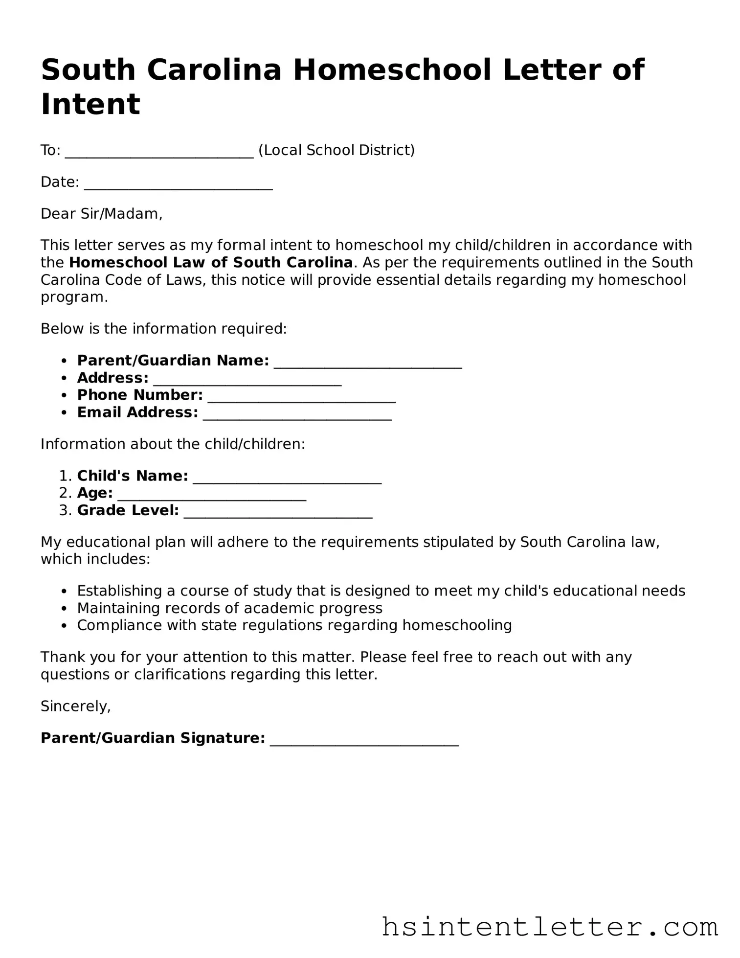 Attorney-Approved South Carolina Homeschool Letter of Intent Form