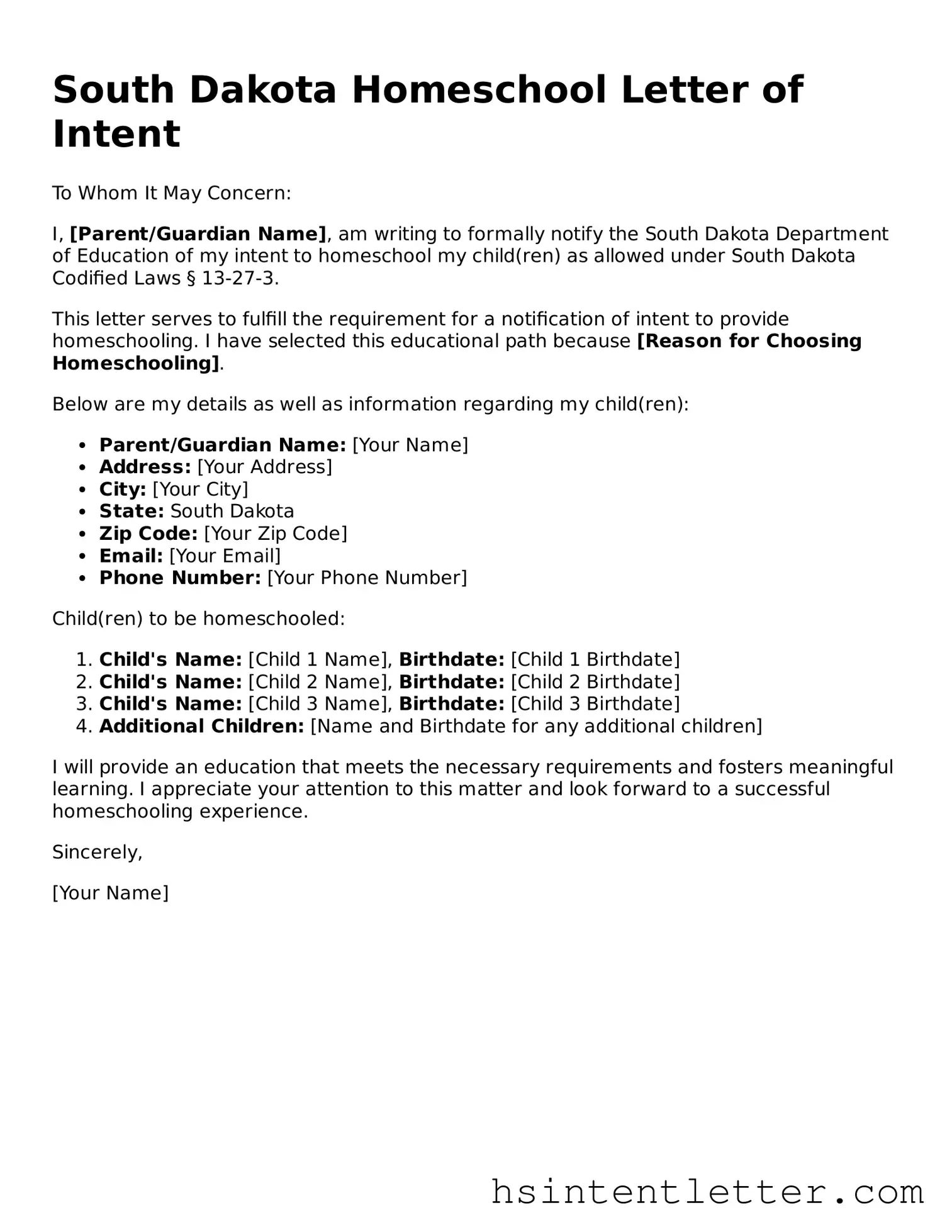 Attorney-Approved South Dakota Homeschool Letter of Intent Form