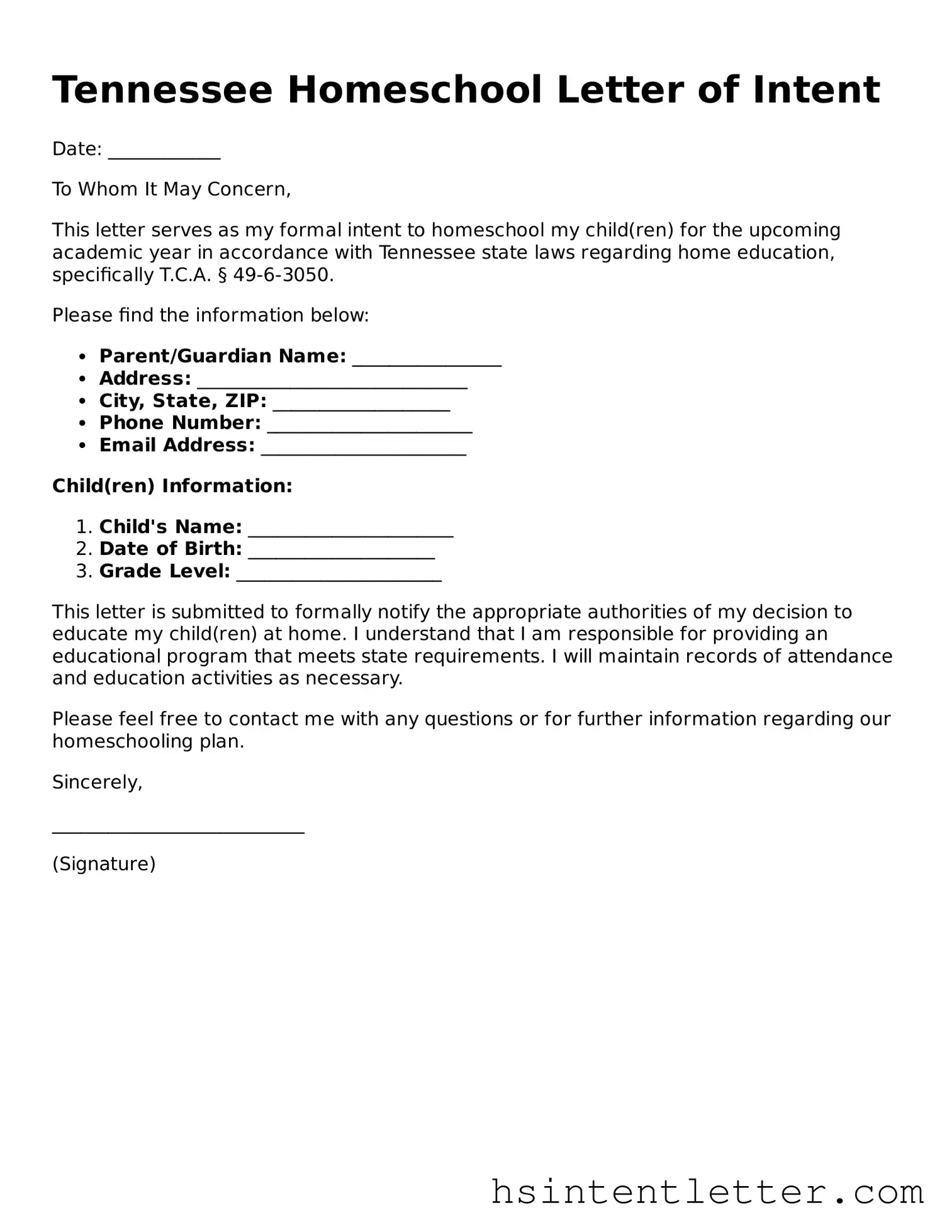 Attorney-Approved Tennessee Homeschool Letter of Intent Form