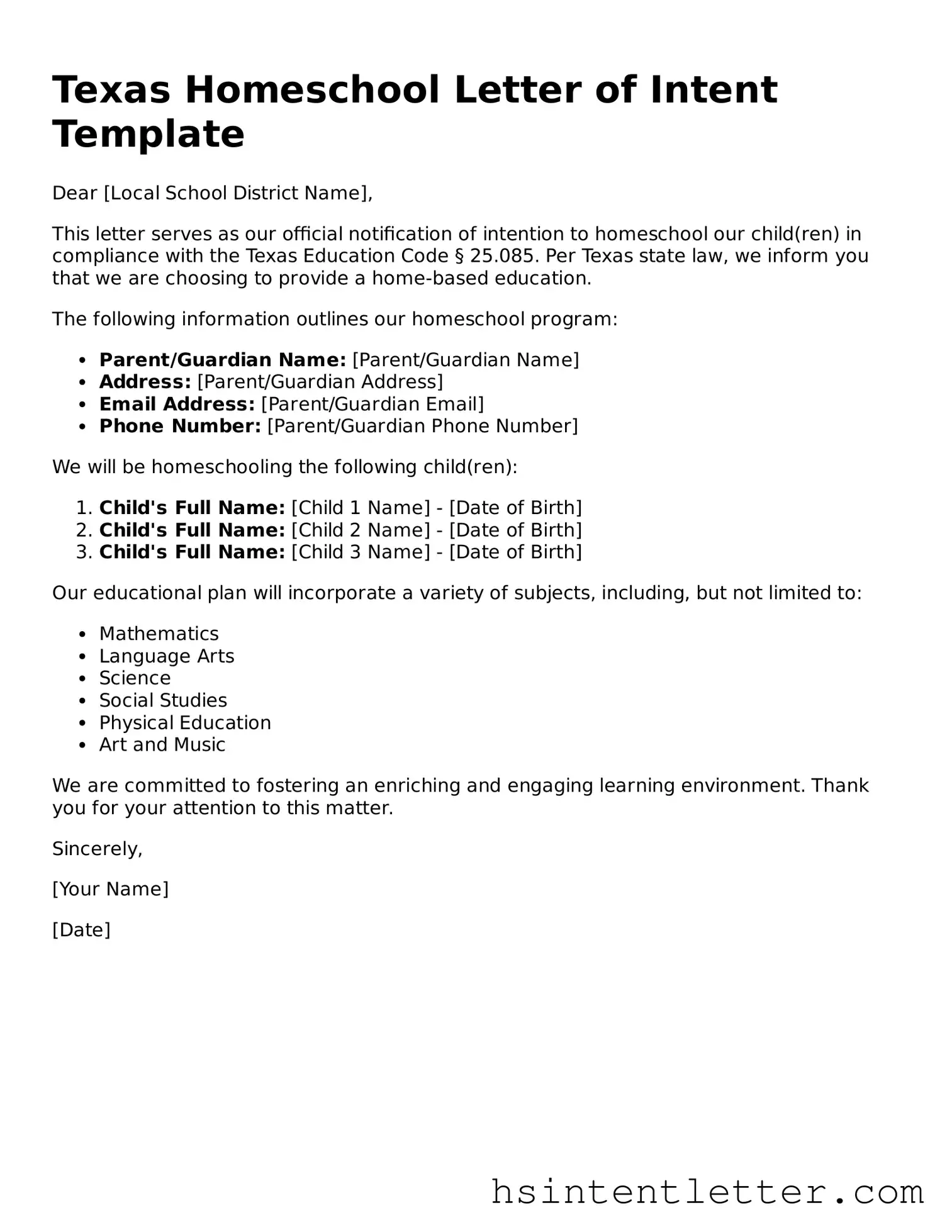 Attorney-Approved Texas Homeschool Letter of Intent Form