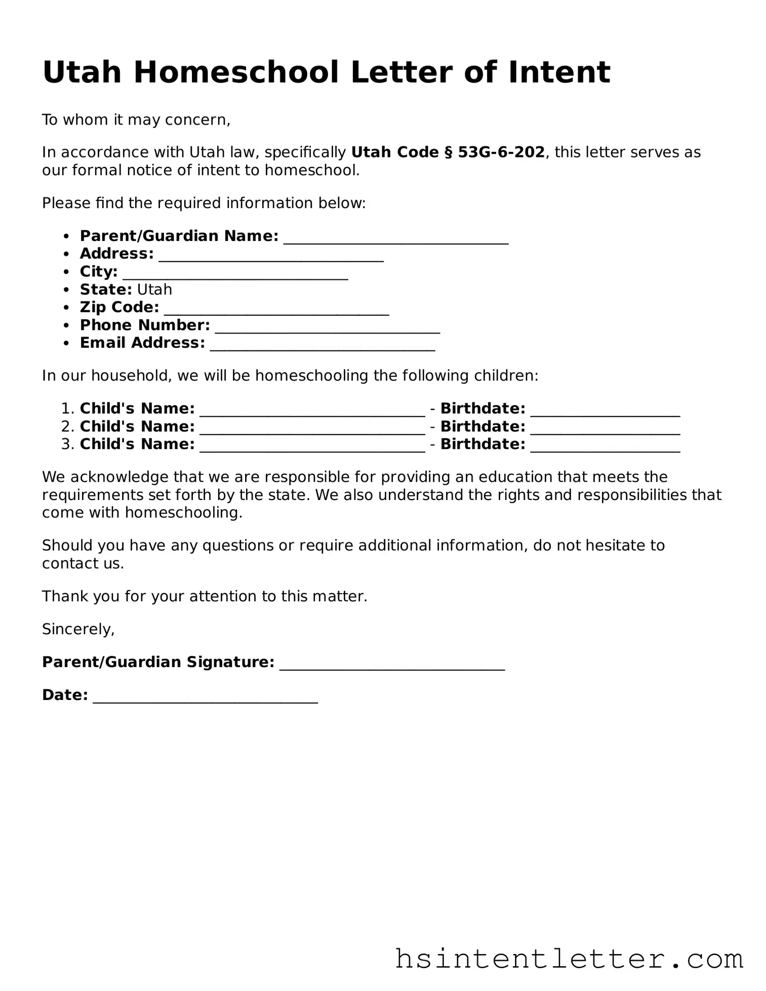 Attorney-Approved Utah Homeschool Letter of Intent Form
