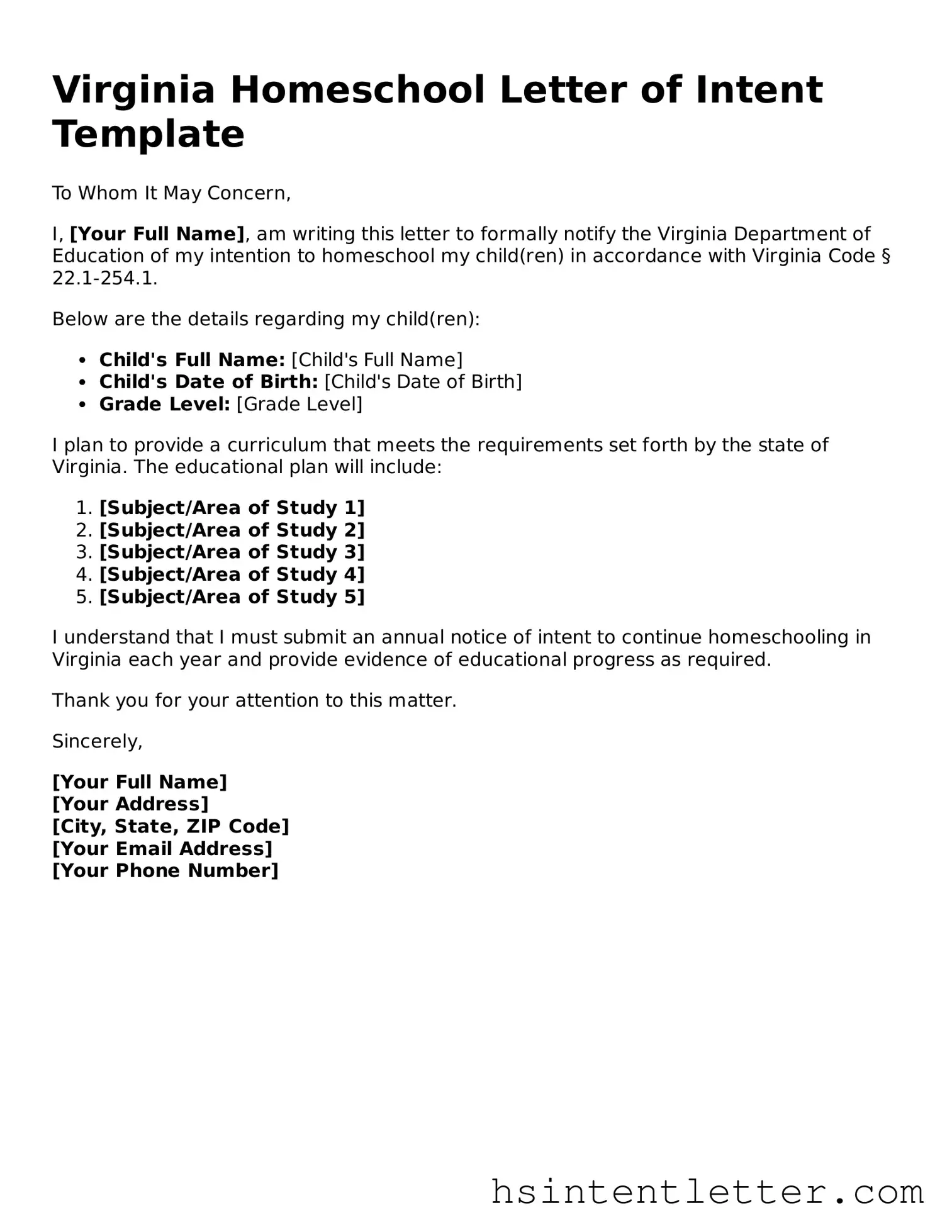 Attorney-Approved Virginia Homeschool Letter of Intent Form