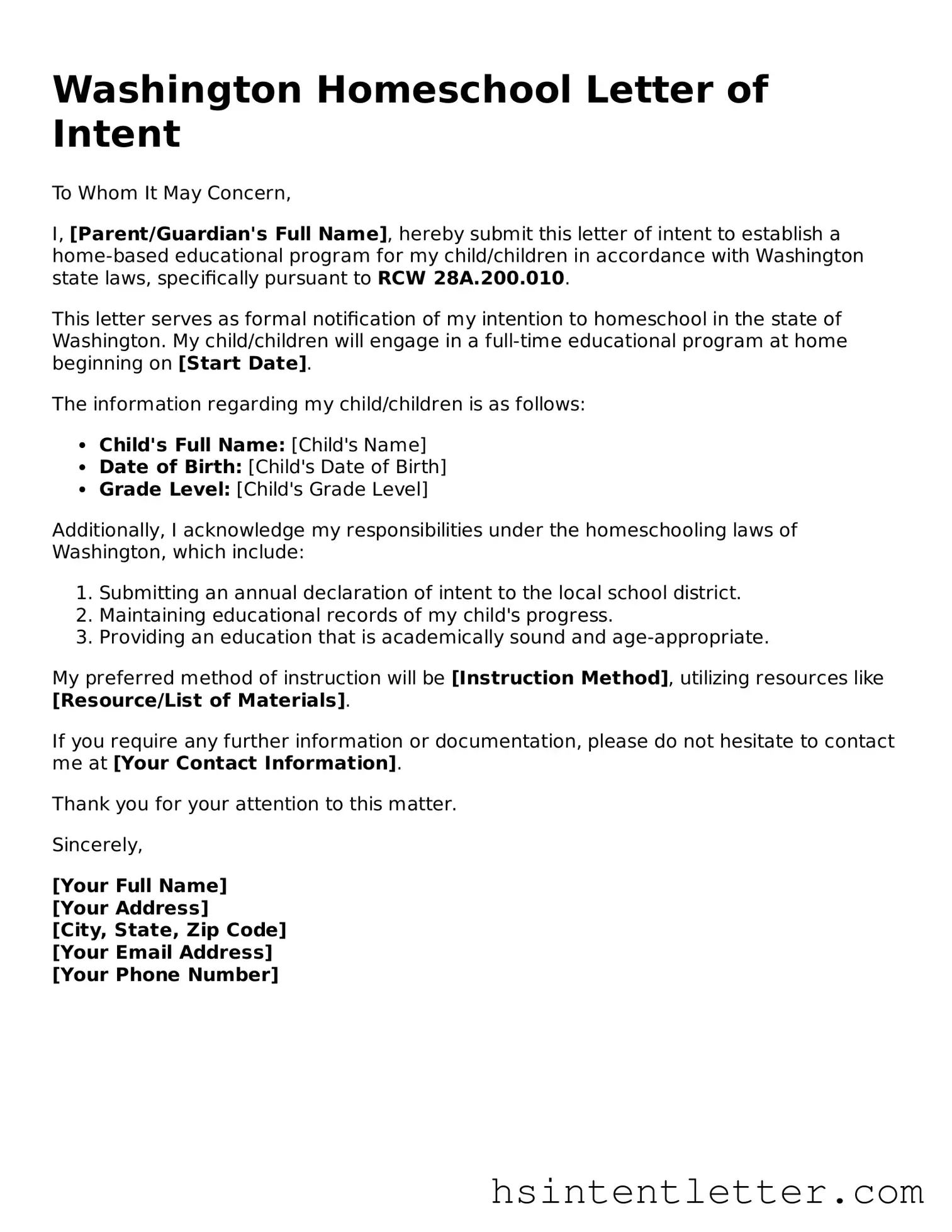Attorney-Approved Washington Homeschool Letter of Intent Form