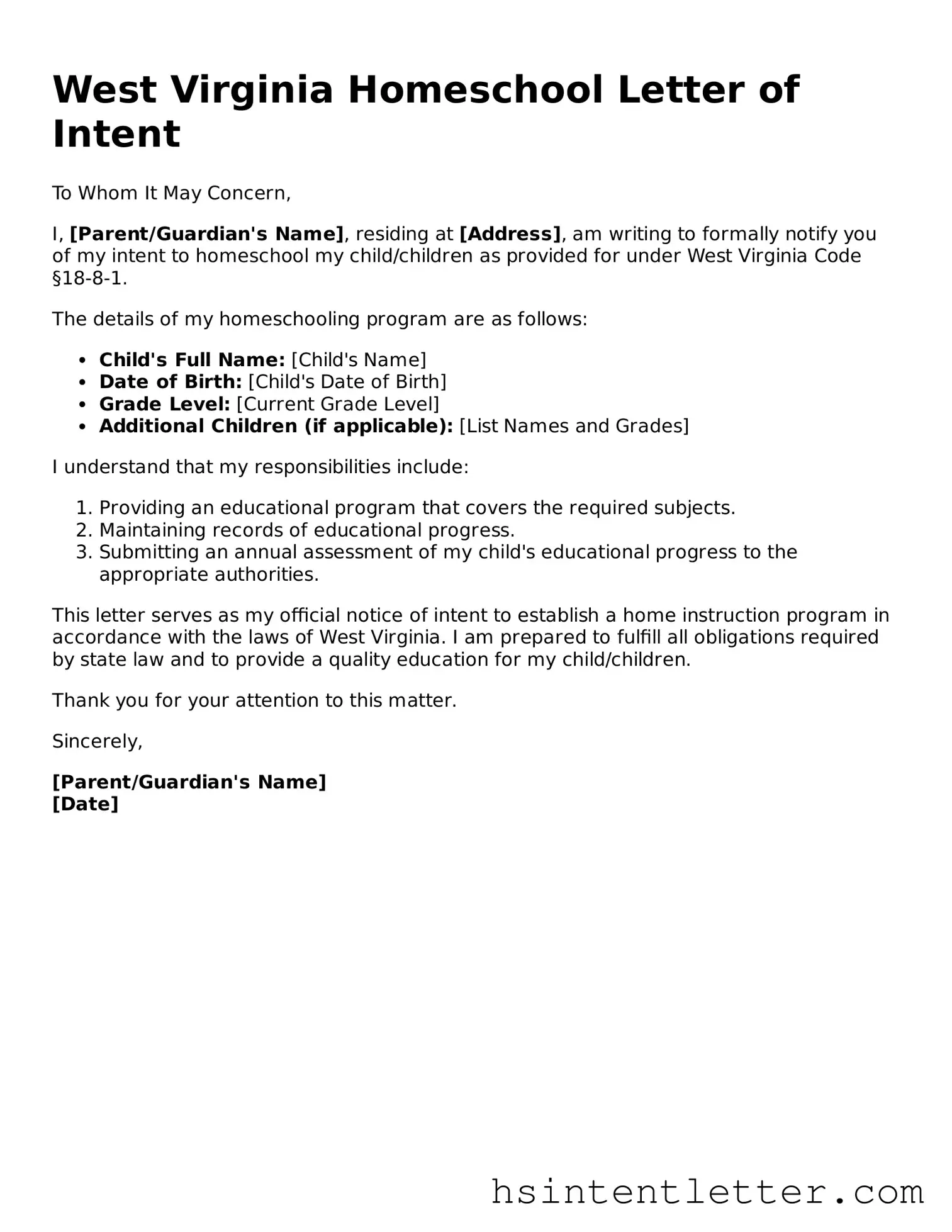 Attorney-Approved West Virginia Homeschool Letter of Intent Form