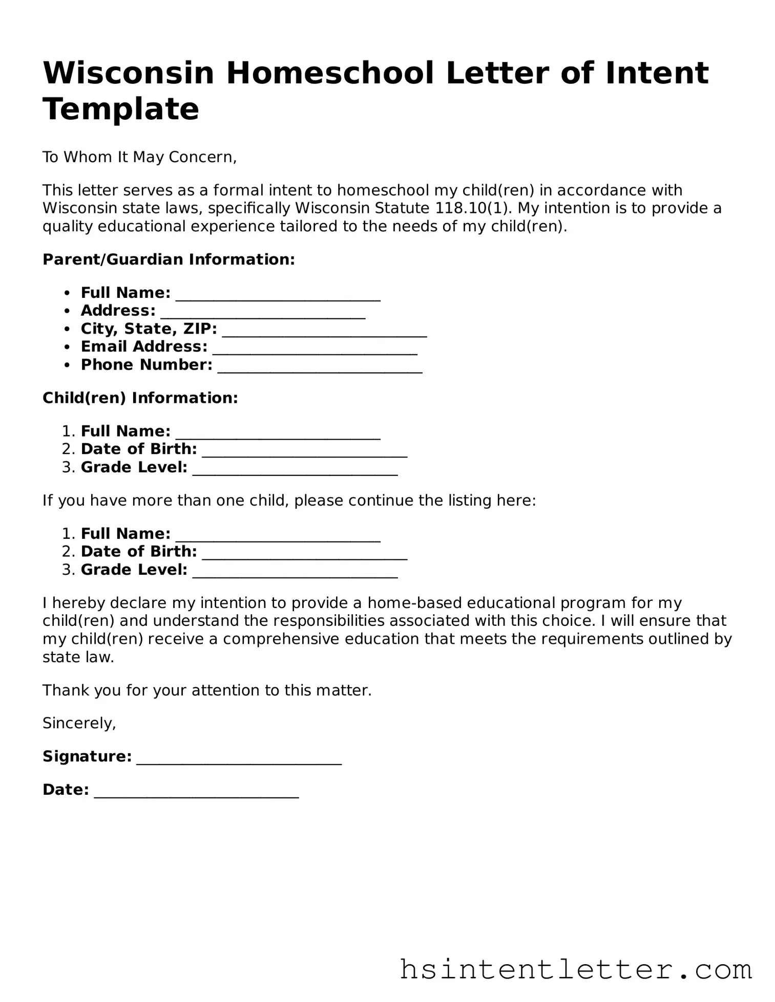 Attorney-Approved Wisconsin Homeschool Letter of Intent Form