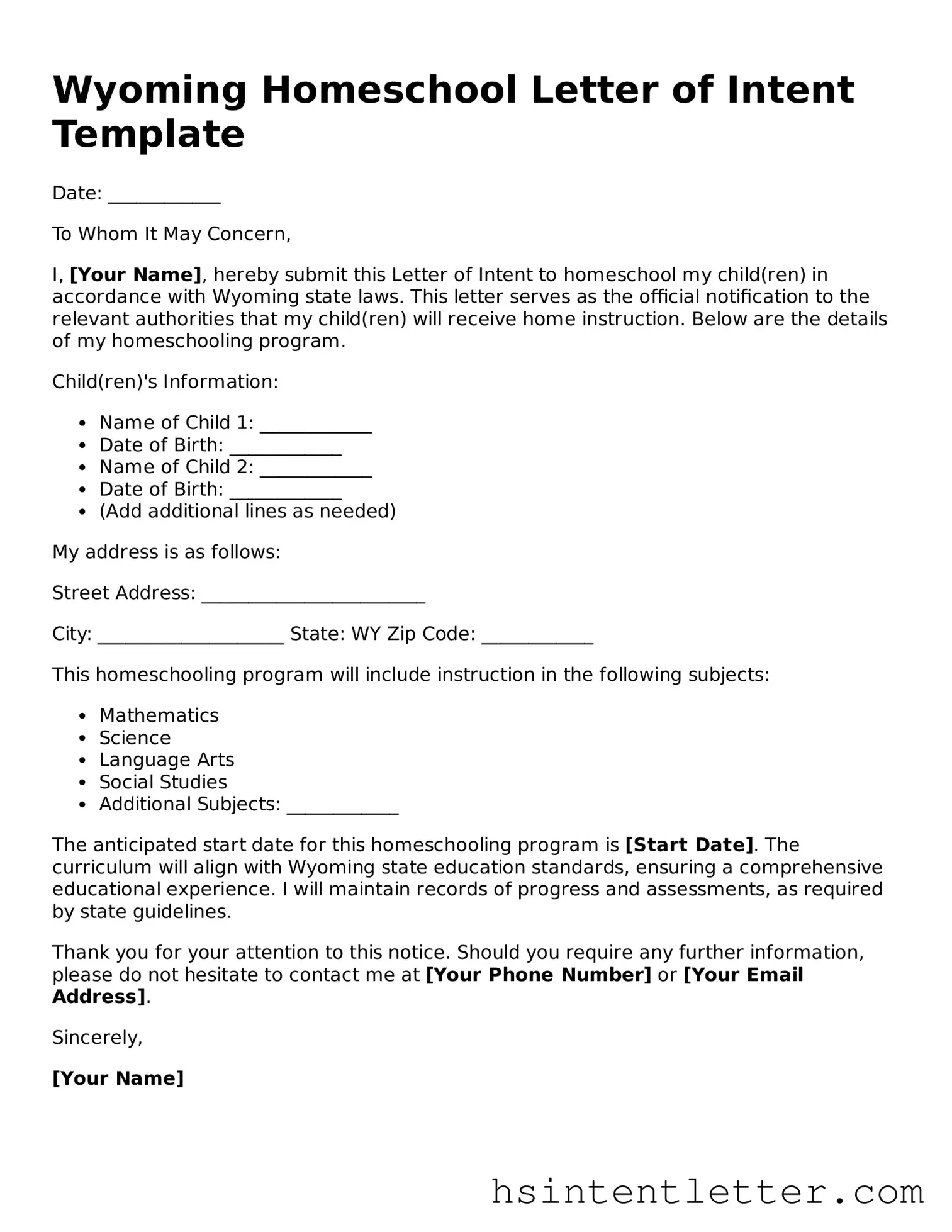 Attorney-Approved Wyoming Homeschool Letter of Intent Form
